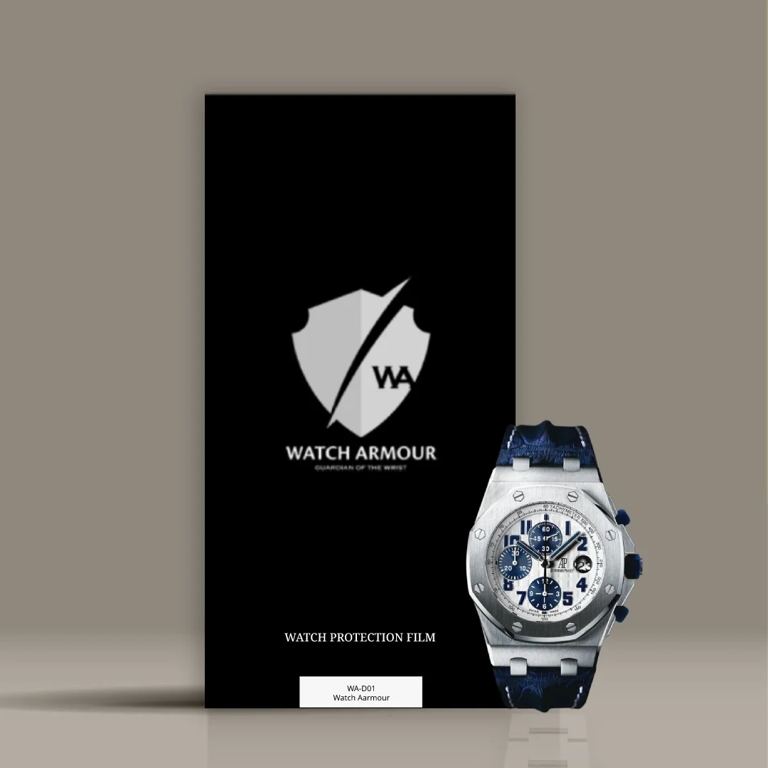 Watch armor protection film packaging with a luxury wristwatch in front.