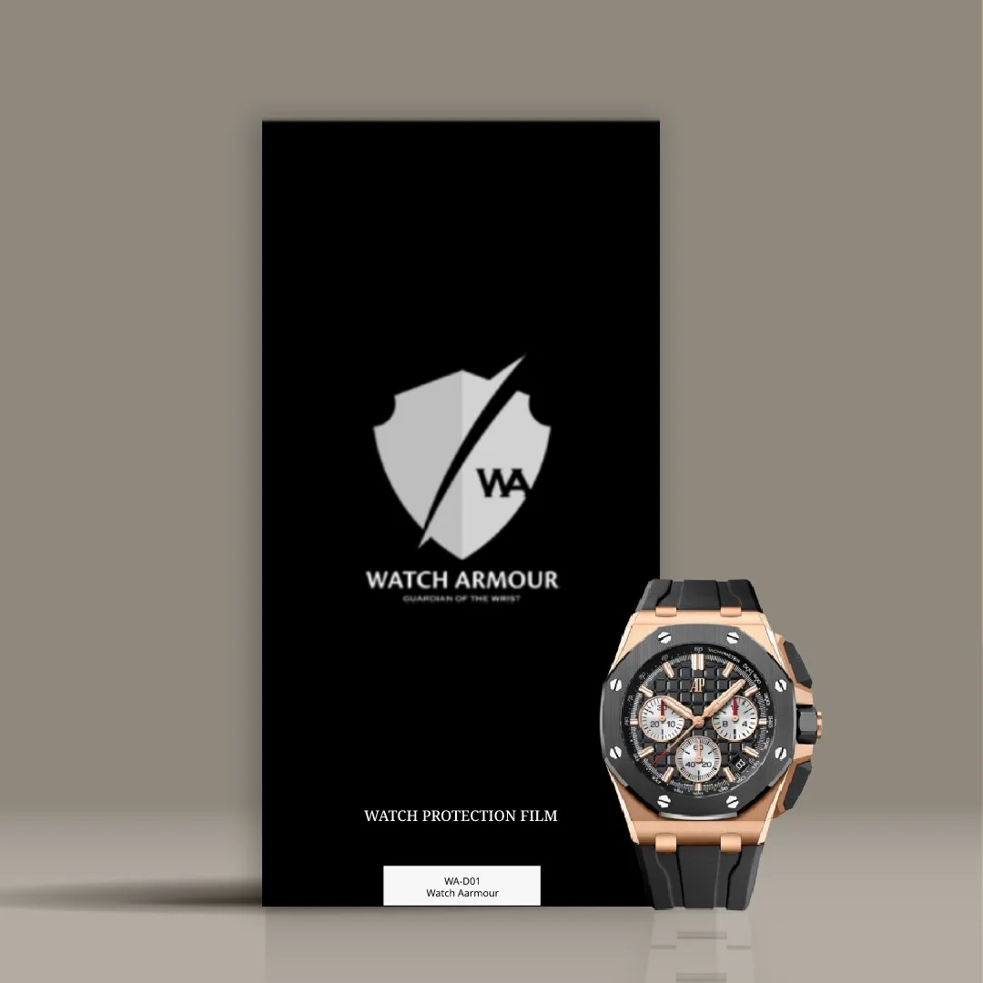 A wristwatch with a black strap and gold casing displayed in front of a black box with the Watch Armour logo and text.