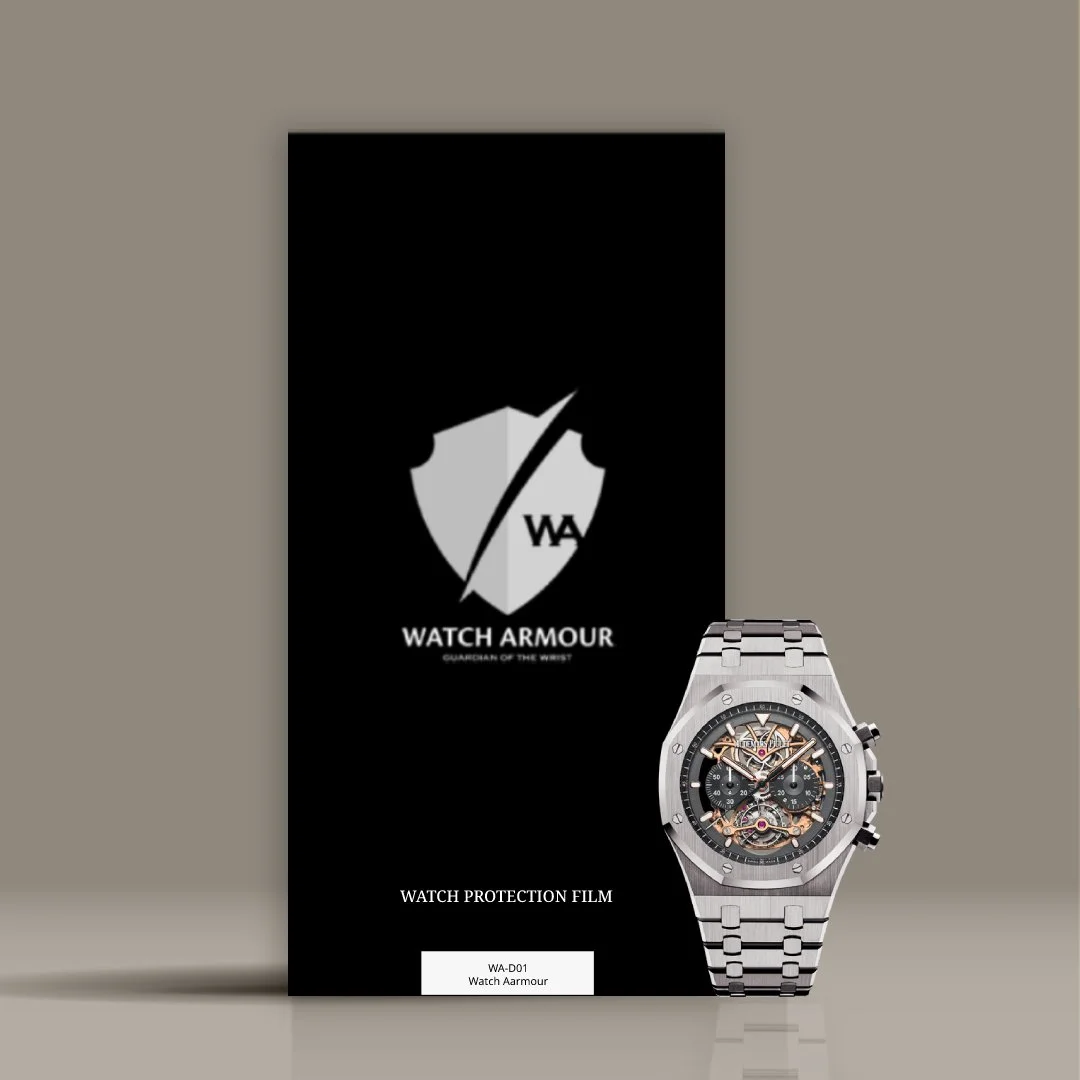 A black watch protection film packaging with the Watch Armour logo, a shield with a sword, and an intricate silver and black watch with visible gears at the front.