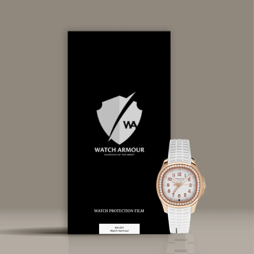 Watch Armour guard protection film packaging and a women's watch with a white strap and gold accents