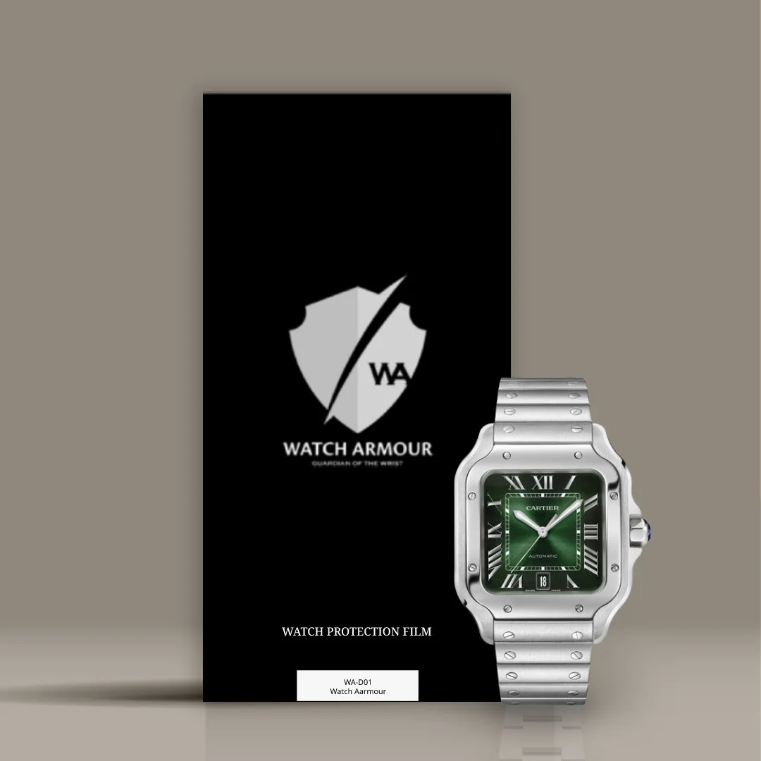 Cartier watch with green dial and silver metal band positioned next to a black box labeled Watch Armour and Watch Protection Film.