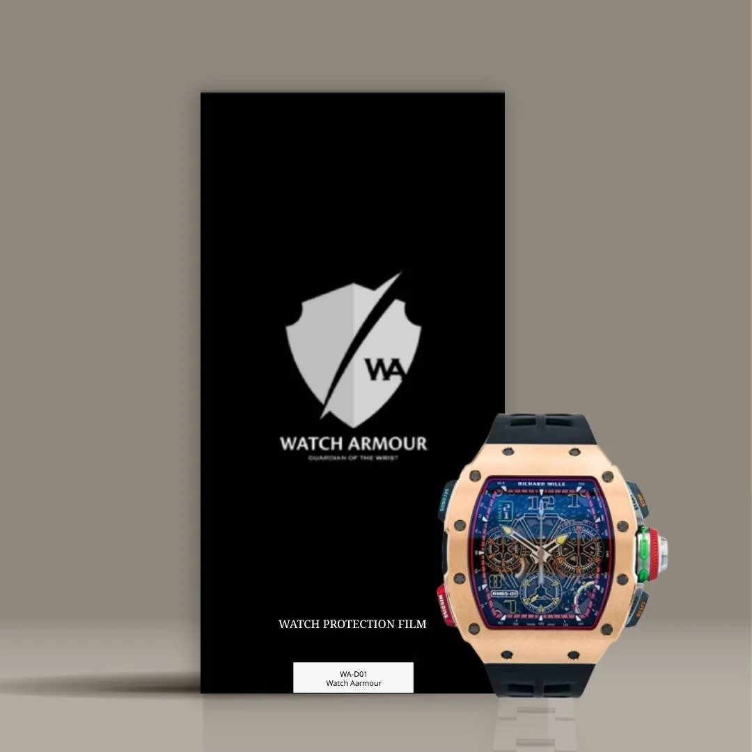 A colorful Richard Mille watch with a black strap in front of a black Watch Armour packaging box.