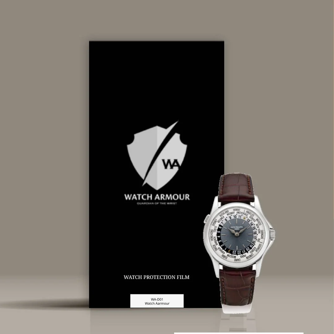 Watch Armour protection film packaging with a luxury wristwatch placed in front.