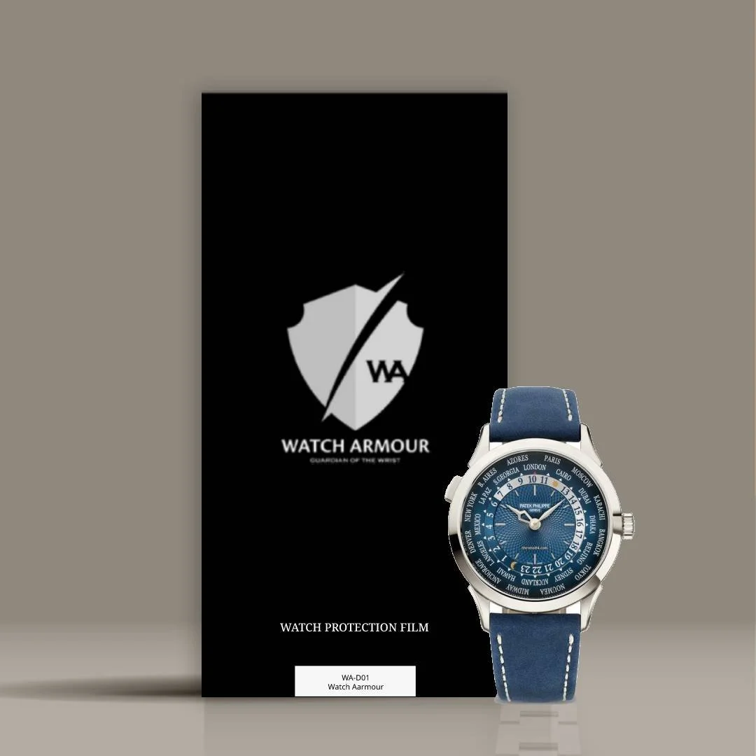 Watch Armor protection film packaging with a blue-faced wristwatch in front.