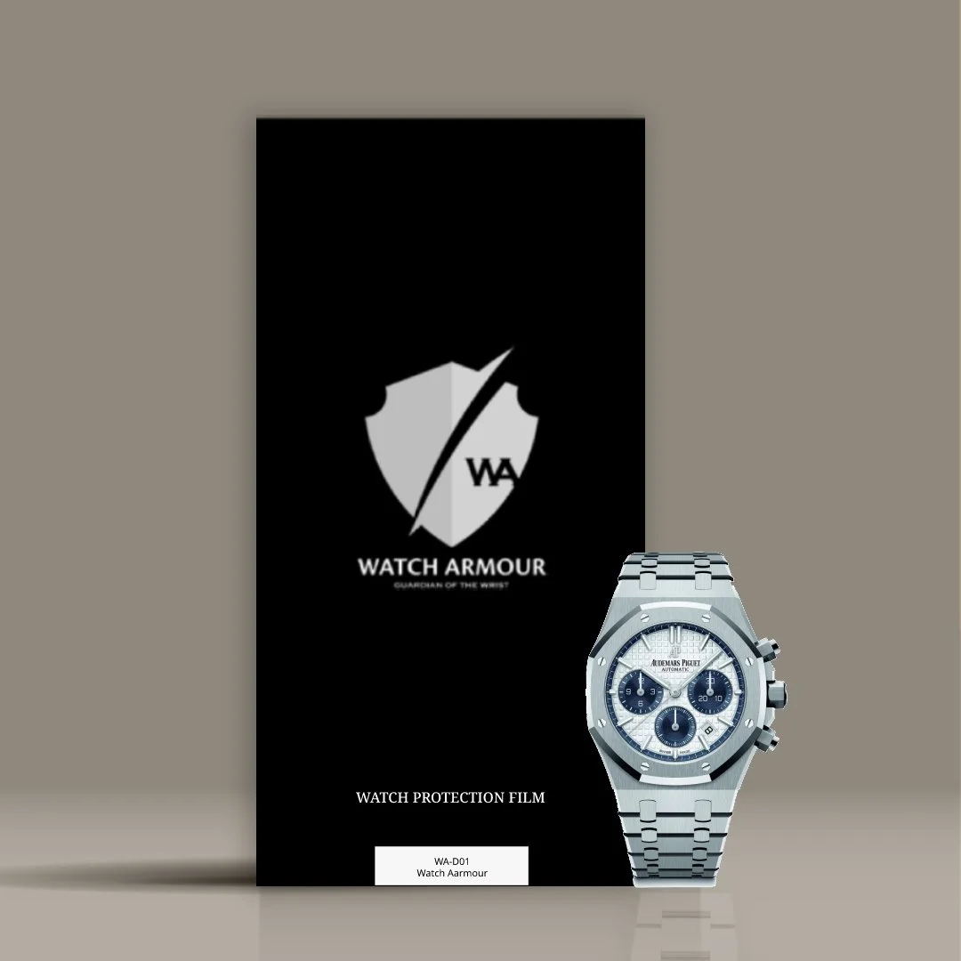 A screen displays a black packaging box for Watch Armour, labeled as 'Watch Protection Film,' with a silver Audemars Piguet watch in front of it. The watch has a white and blue dial, three subdials, and a metal bracelet.