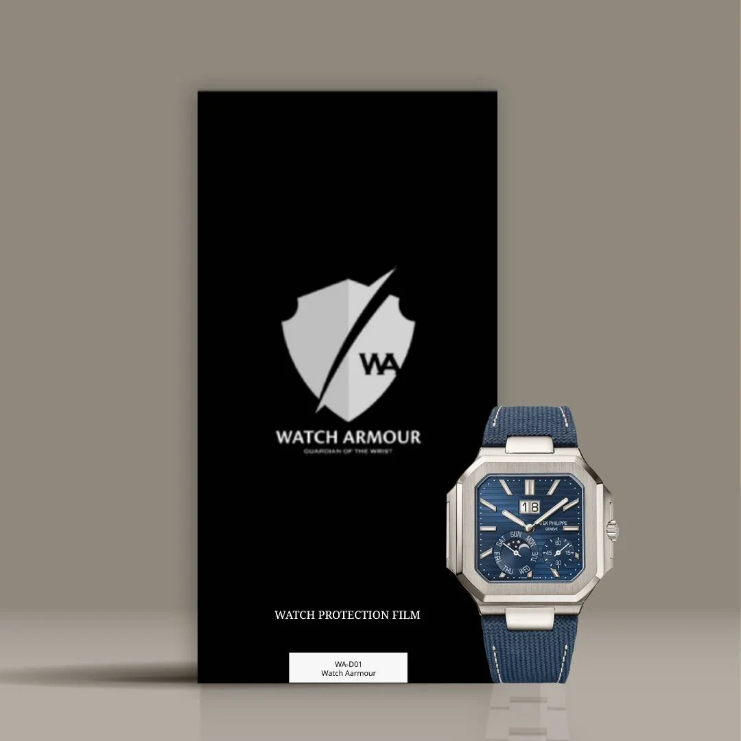 Black watch protection film packaging with Watch Armour logo and a blue wristwatch in front.