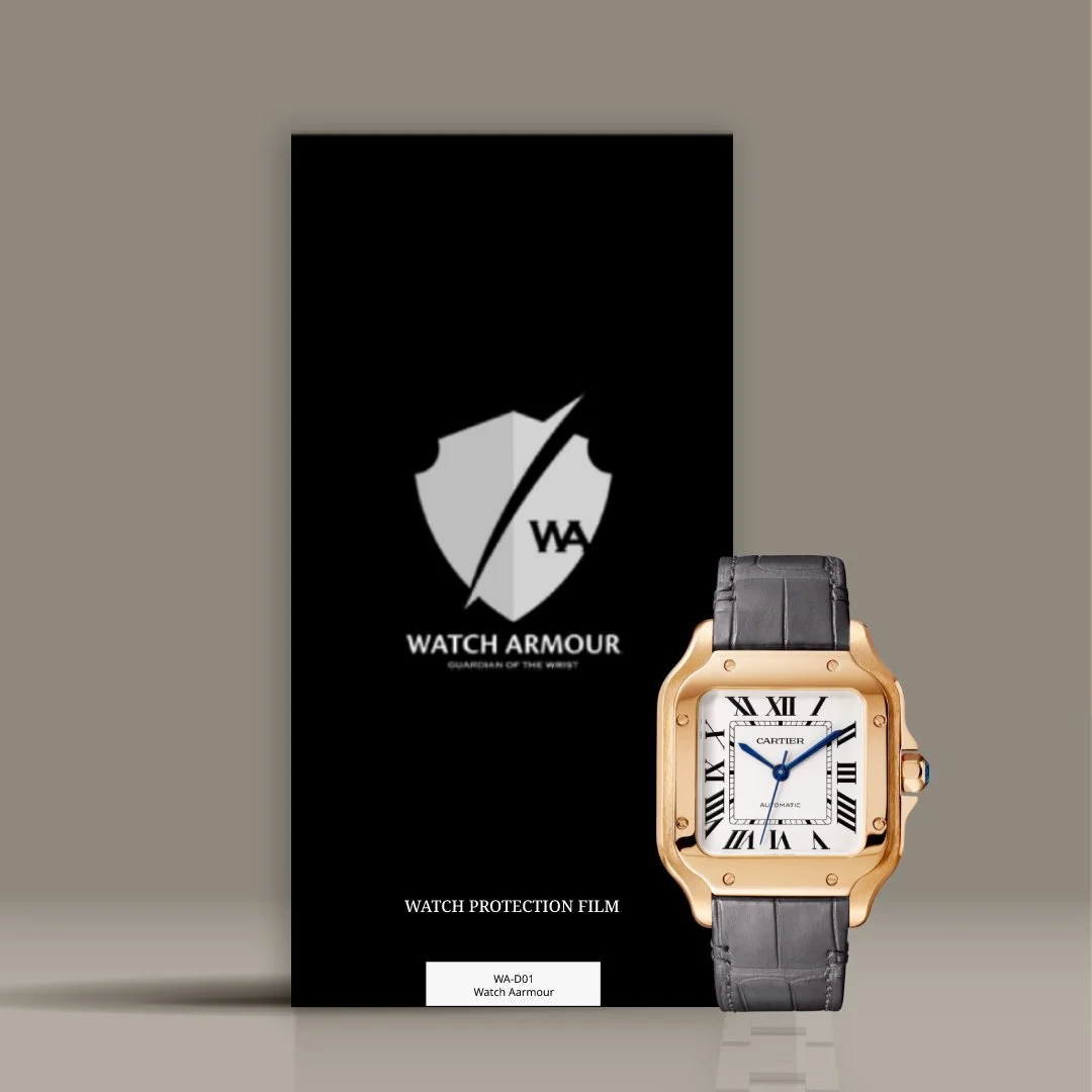 Black Watch Armour protection film packaging with a gold Cartier watch with Roman numerals and a black leather strap placed in front.