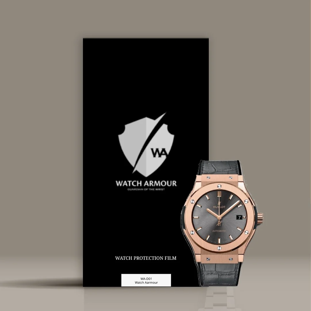 Watch Armour protection film packaging with a luxury wristwatch in front.