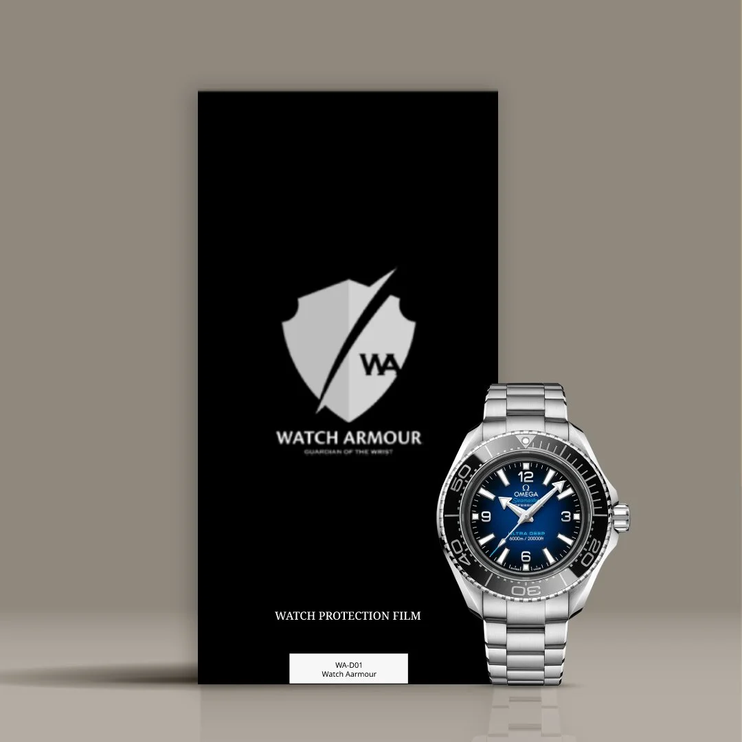 Omega Seamaster watch with a stainless steel band and blue dial, positioned in front of a black Watch Armour protection film package.