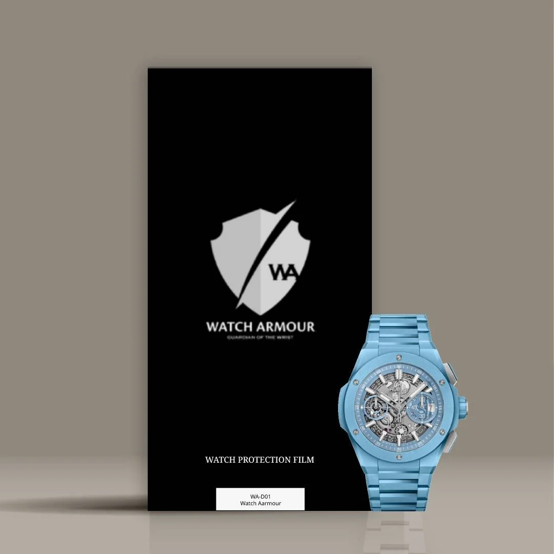 Black packaging with Watch Armour logo featuring a shield with a slash, and a blue wristwatch in front of it