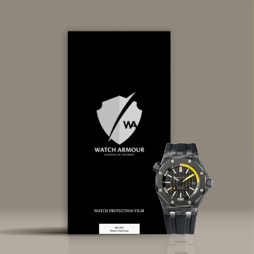 A black watch protection film package labeled 'Watch Armour' with a shield logo and the words 'Guardian of the Wrist' and an image of a black wristwatch in front of it. The package also has the text 'Watch Protection Film' and a small label with the product code 'WA-D01'.