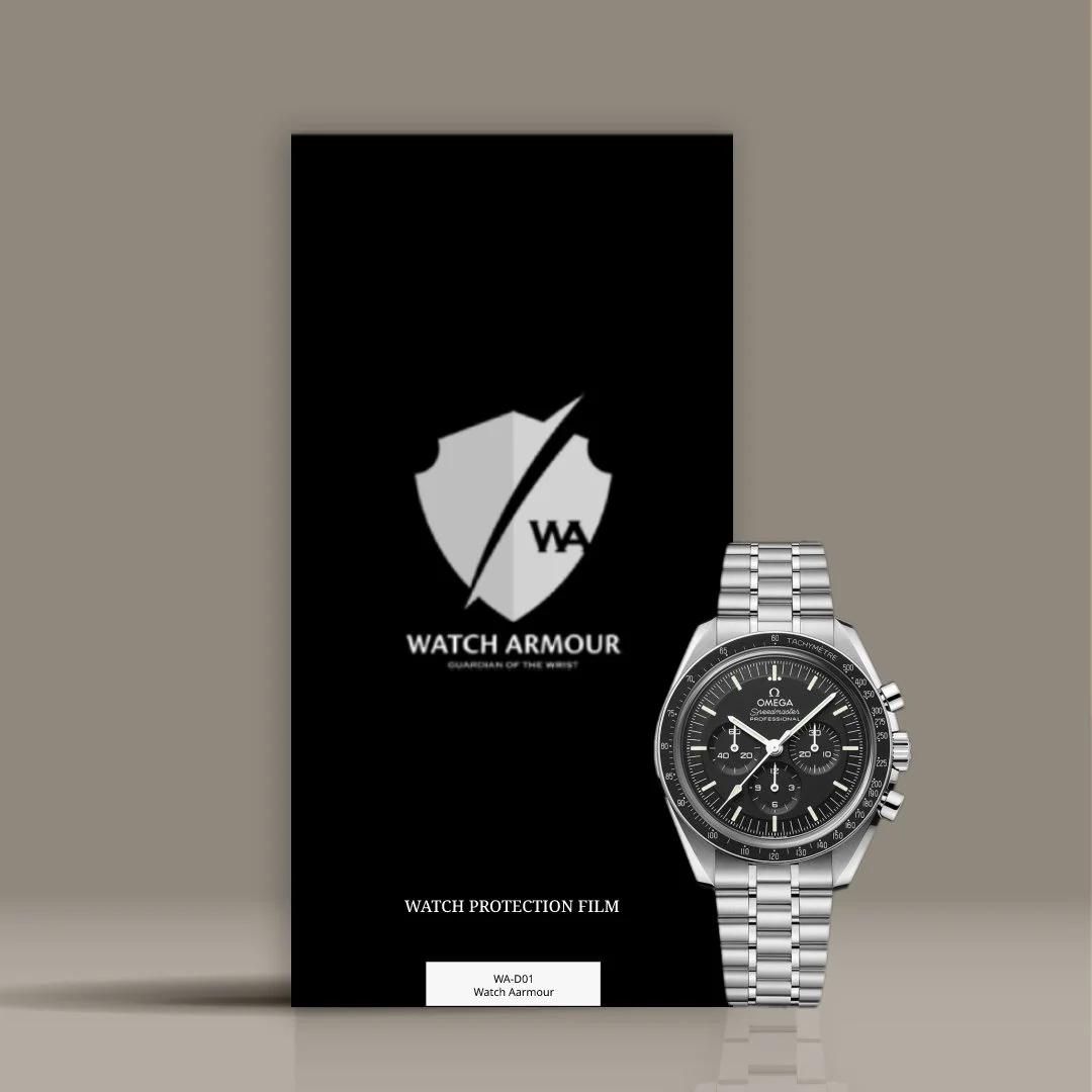 Watch Armour protection film packaging with a silver Omega Speedmaster watch in front.