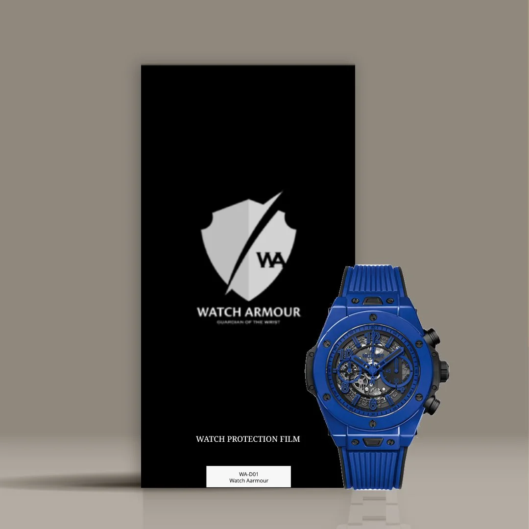 A blue wristwatch displayed next to a black watch protection film packaging with a shield and sword logo and the text 'WATCH ARMOUR' and 'GUARDIAN OF THE WRIST' on a gray background.