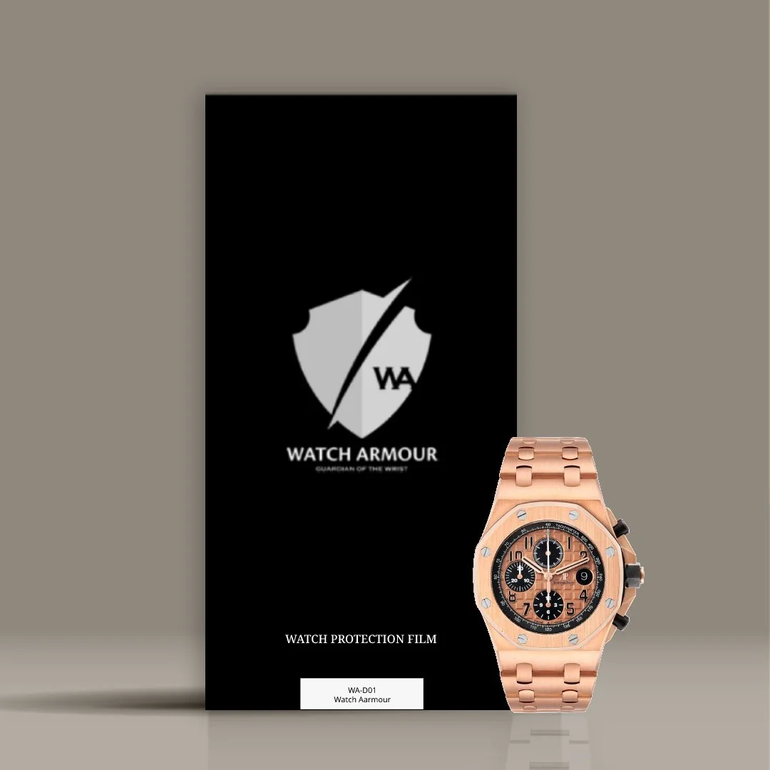 Watch armor protection film packaging with a rose gold watch in front.