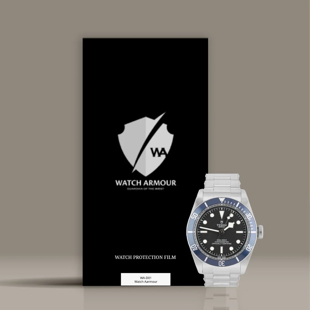 A watch protection film package from Watch Armour featuring a Tudor Black Bay watch in front of a black and gray background.