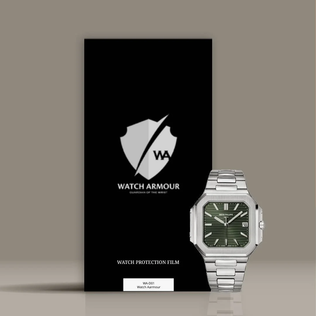 Watch Armor protection film package with a silver watch (Patek Philippe Nautilus) in front.