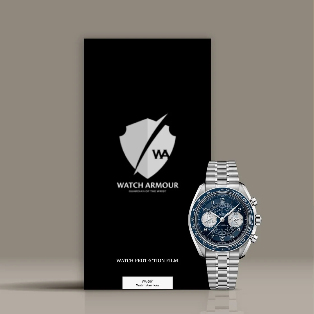 Watch Armour watch protection film packaging with a silver and blue wristwatch placed in front.