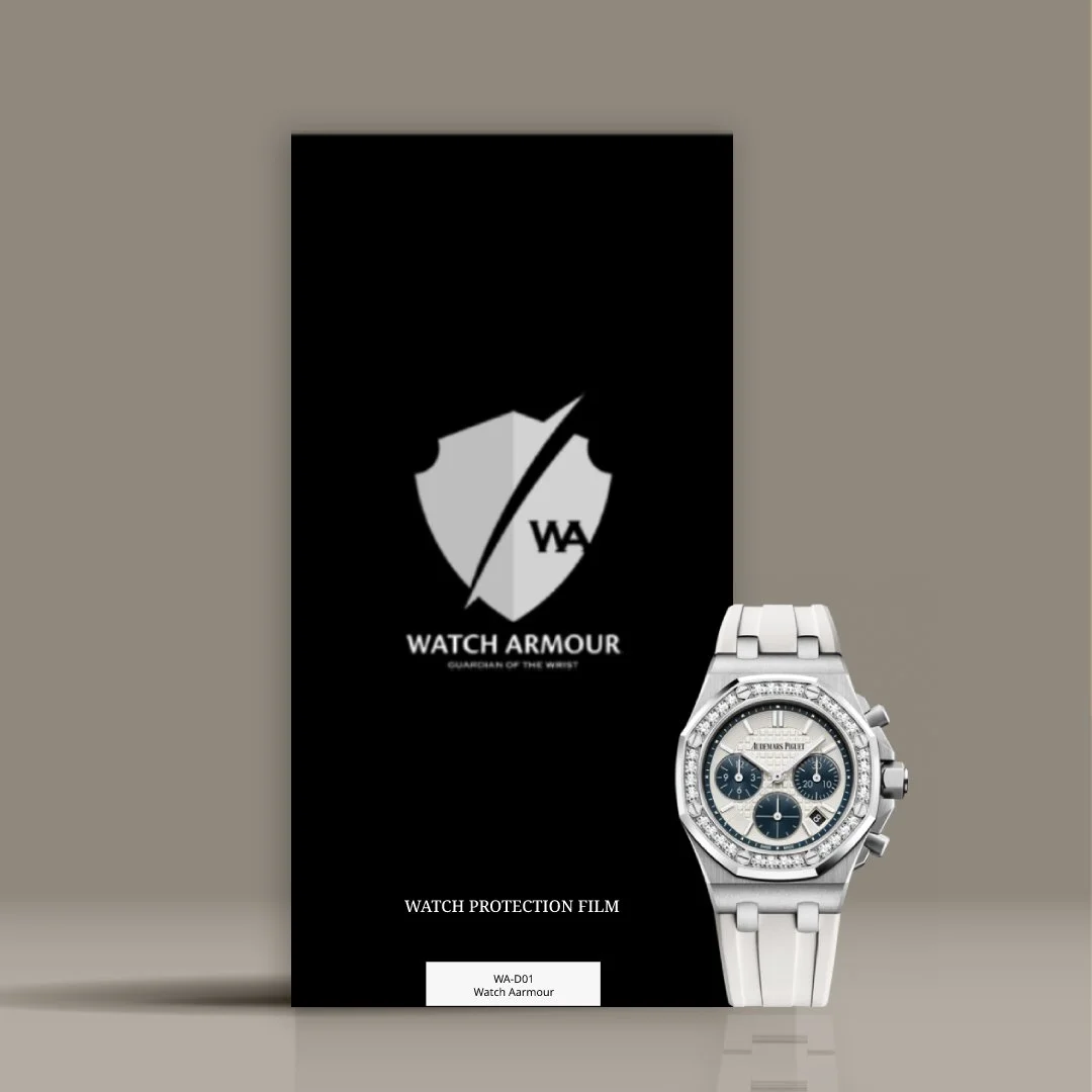 Watch protection film package with a silver luxury watch placed next to it, displaying a detailed face and diamond-studded bezel.