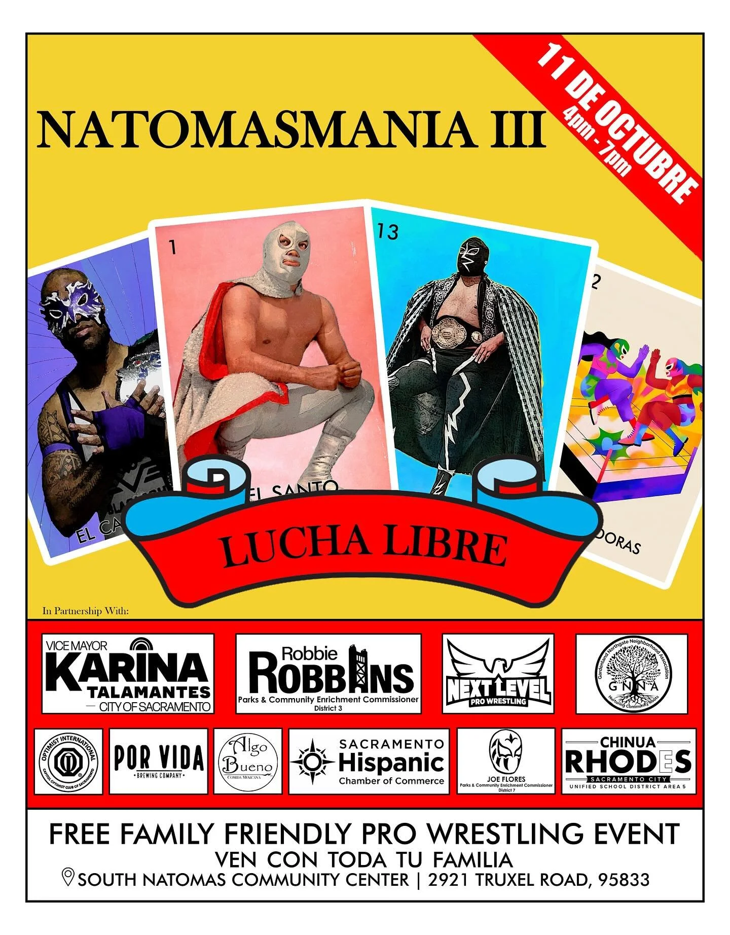 📣 It&rsquo;s almost here! NatomasMania III is happening this Saturday, October 11 at 4 PM at the South Natomas Community Center. Don&rsquo;t miss this free, family-friendly Lucha Libre event filled with wrestling, arts and crafts, community booths, 