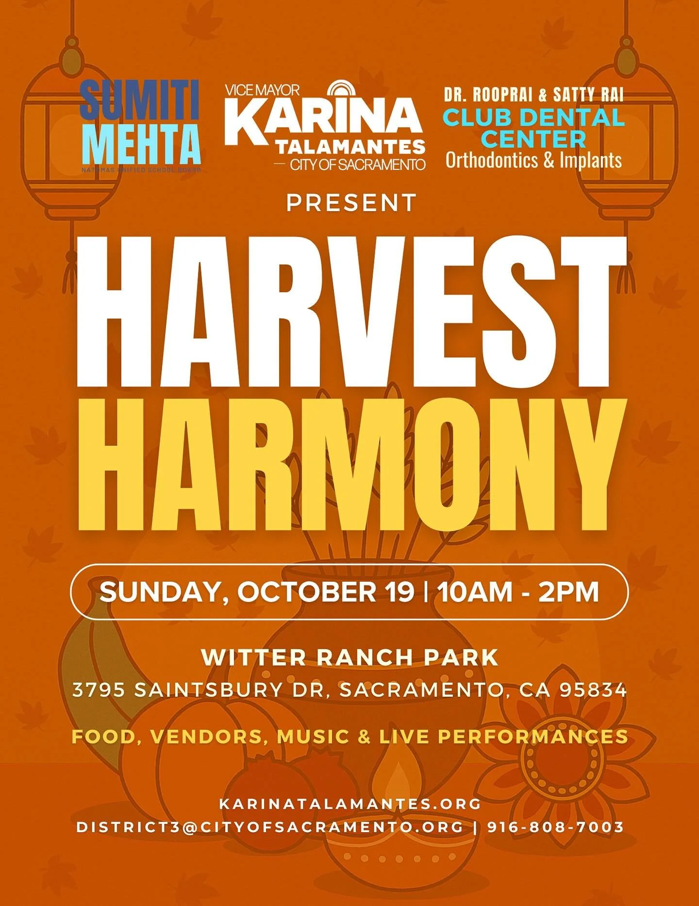 Join us for Harvest Harmony on Sunday, October 19th from 10 AM &ndash; 2 PM at Witter Ranch Park! Celebrate with delicious cuisine, lively music, and traditional Indian performances in a day full of community and culture.
