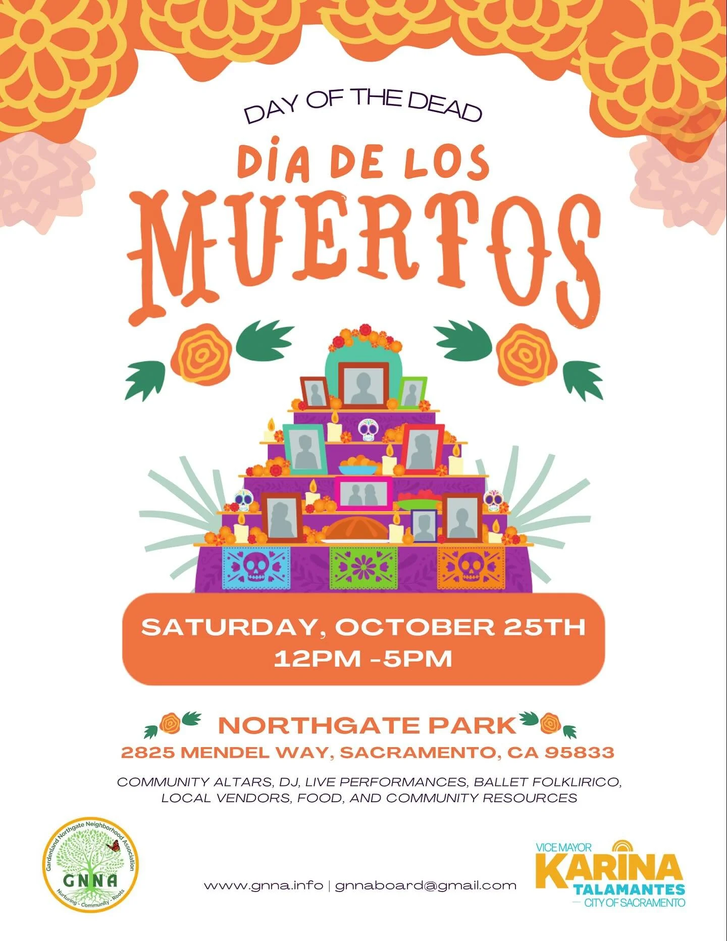 Join us tomorrow at Northgate Park from 12–5 PM for a community Día de los Muertos (Day of the Dead) celebration! Enjoy community altars, live performances, Ballet Folklórico, local vendors, food, and more as we honor this cultura