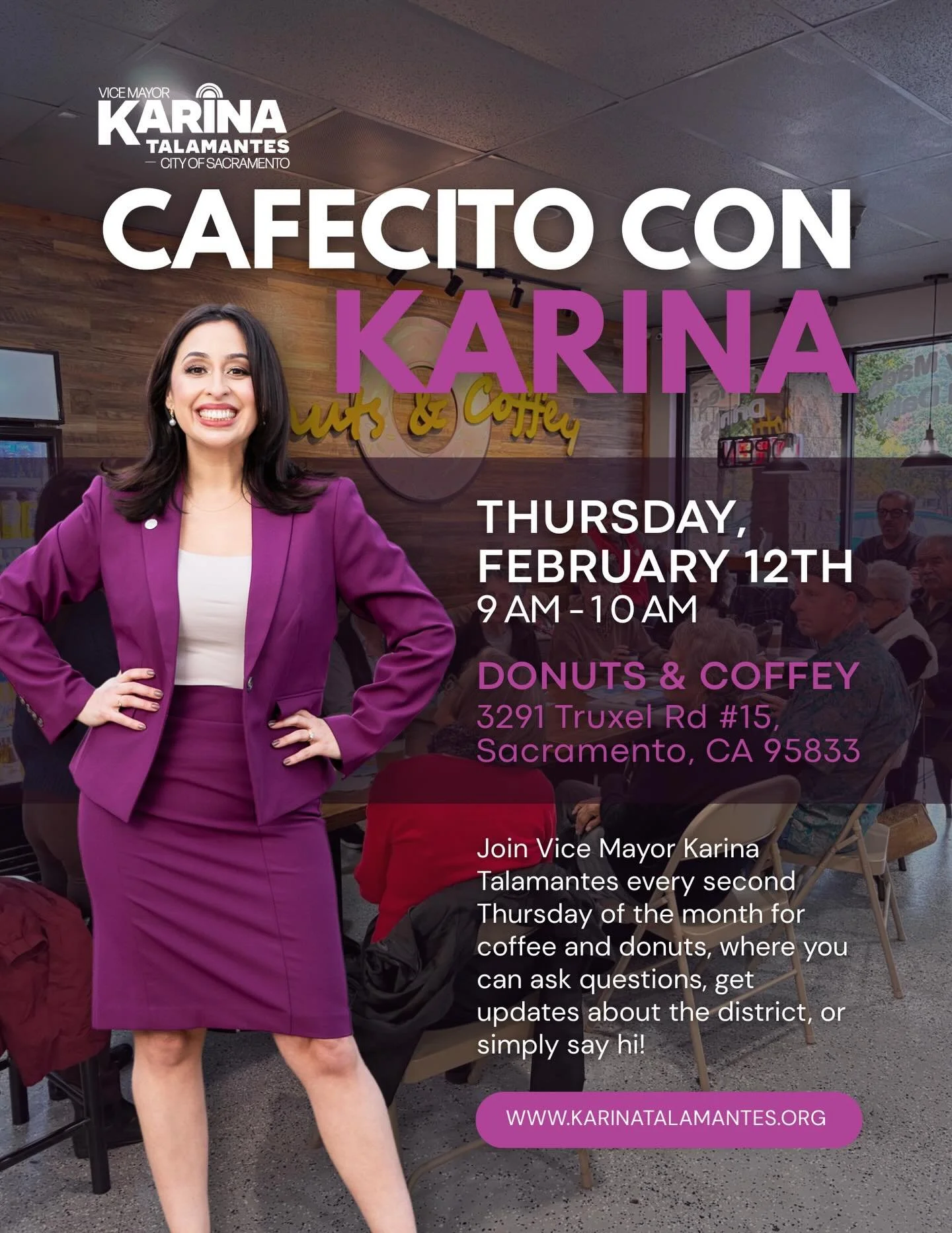 Happy New Year, Natomas! There will be no Cafecito con Karina this month, but my monthly open office hours will be back at Donuts and Coffey in February. See you then!