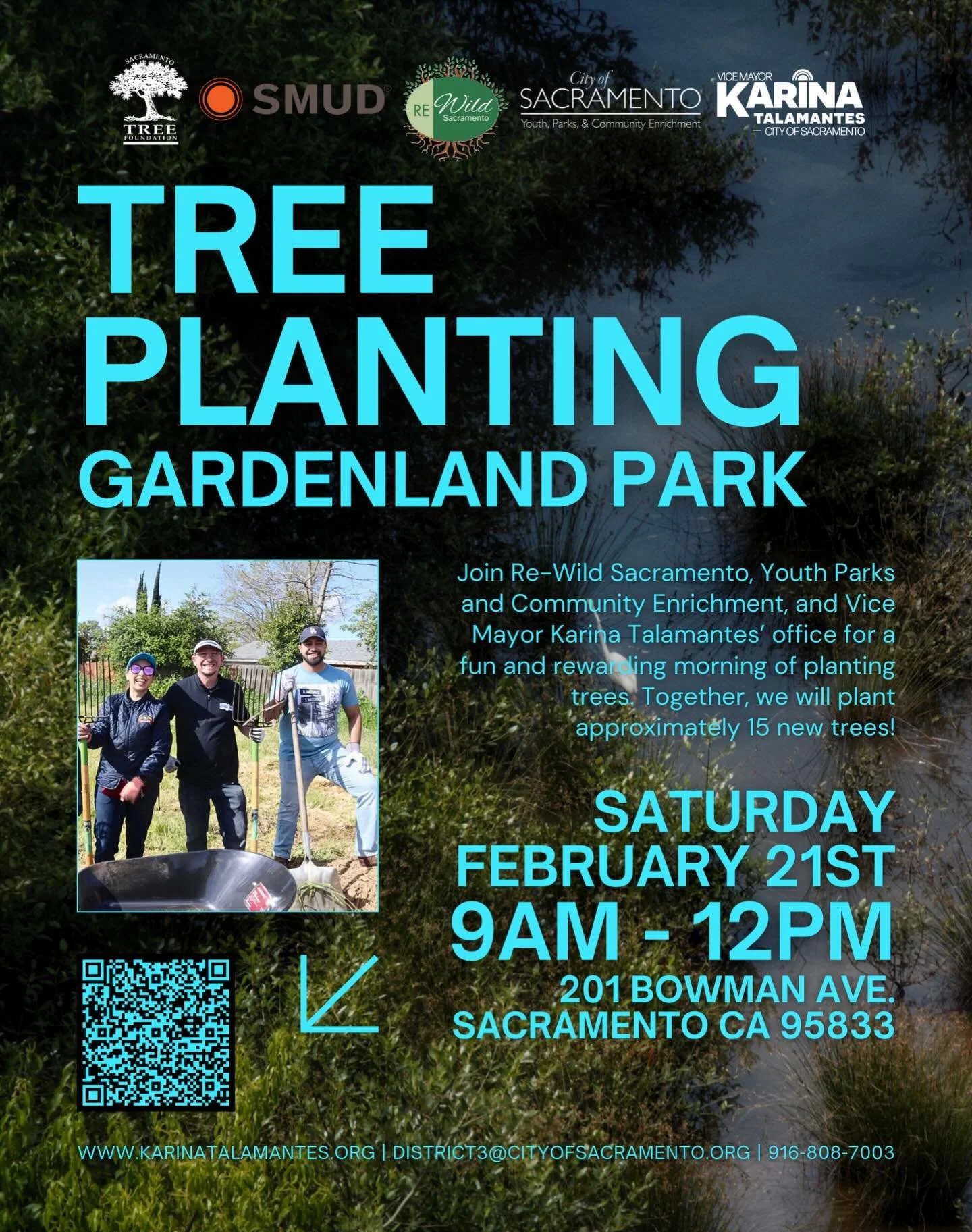 Join @rewildsacramento, @ypce_cityofsac, and my office for a fun and rewarding morning planting trees at Gardenland Park! 🌳

Together, we&rsquo;ll add about 15 new trees to the park. Volunteers will help with planting, staking, mulching, and even ge