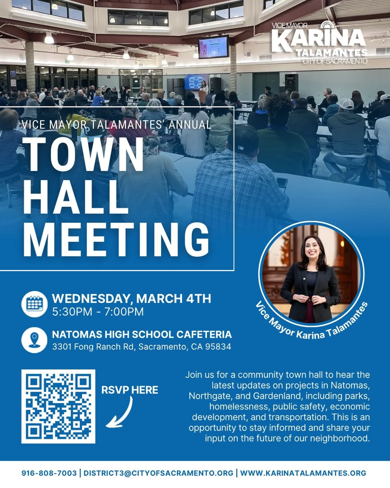 Join me for my annual Town Hall to hear updates on Natomas, Northgate, and Gardenland and ask questions about what&rsquo;s happening in our neighborhoods. 

RSVP through the link in my bio!