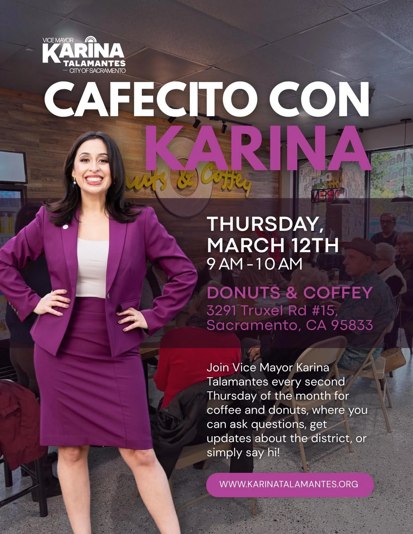 Two chances to connect with my team and I tomorrow in Natomas!

☕ Cafecito con Karina
9:00&ndash;10:00 AM at Donuts &amp; Coffey
Stop by for coffee, donuts, and conversation. Ask questions, share concerns, or just say hello.

🗣 Community Info Sessio