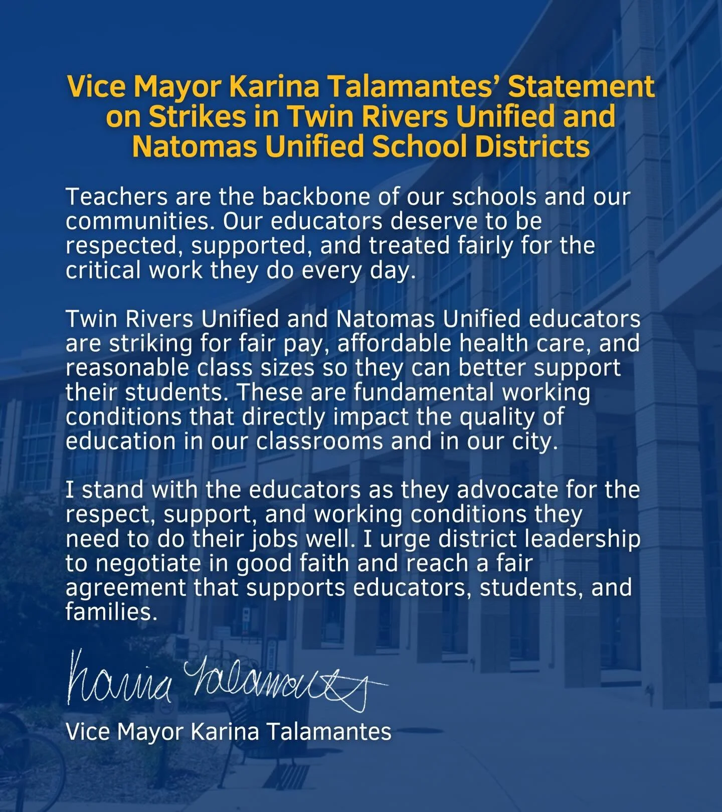 My statement on the strikes in Twin Rivers Unified and Natomas Unified School Districts.