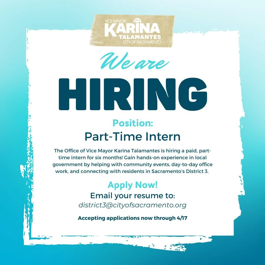 Join Our Team as a Paid Intern!

The Office of Vice Mayor Karina Talamantes is looking for a part-time intern for a six-month term. This paid internship offers hands-on experience in local government, including helping with community events, day-to-d
