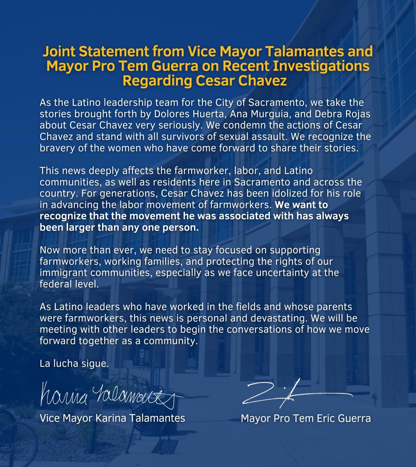 Joint Statement from Vice Mayor Talamantes and Mayor Pro Tem Guerra on Recent Investigations Regarding Cesar Chavez