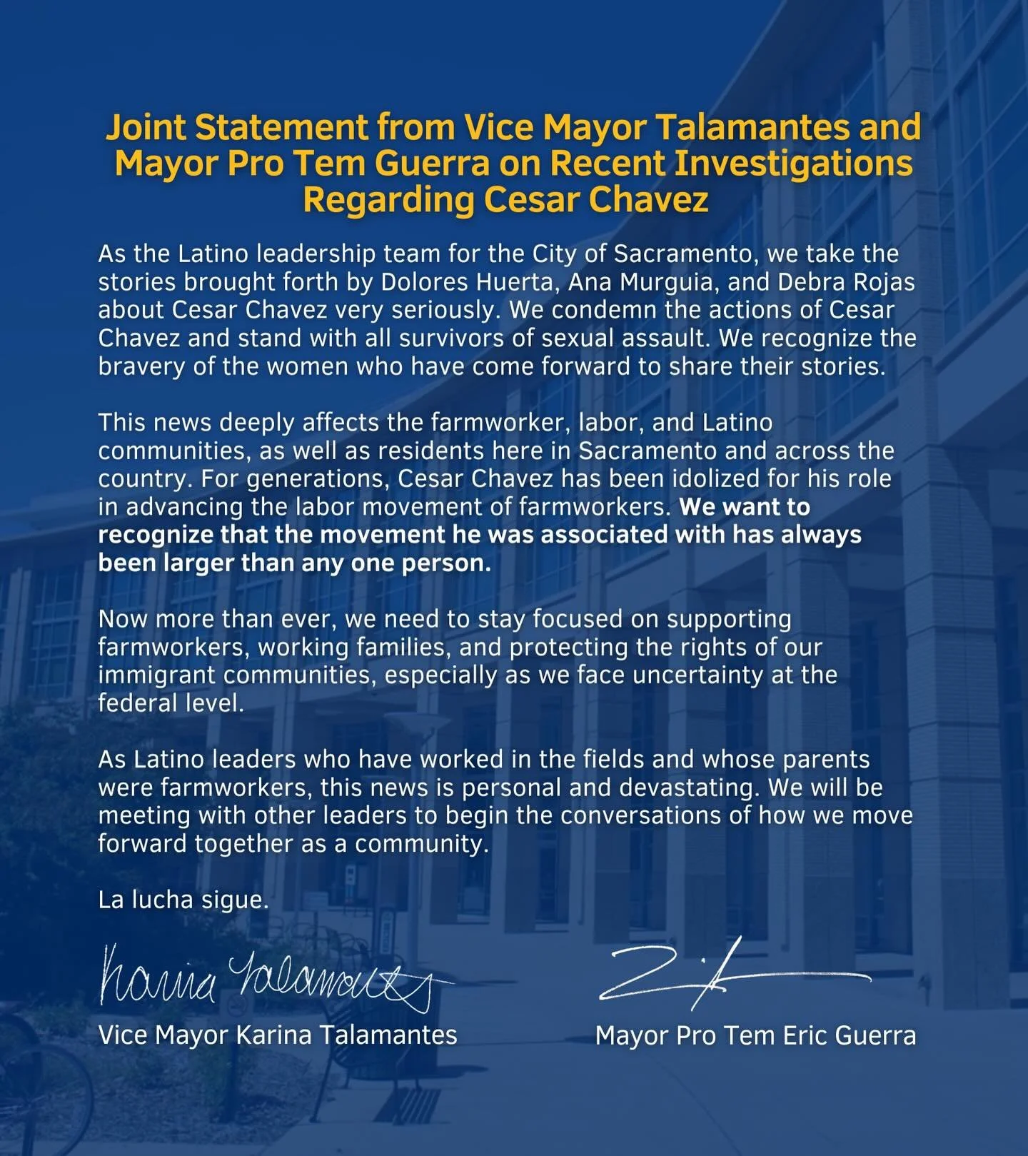 Joint Statement from Vice Mayor Talamantes and Mayor Pro Tem Guerra on Recent Investigations Regarding Cesar Chavez