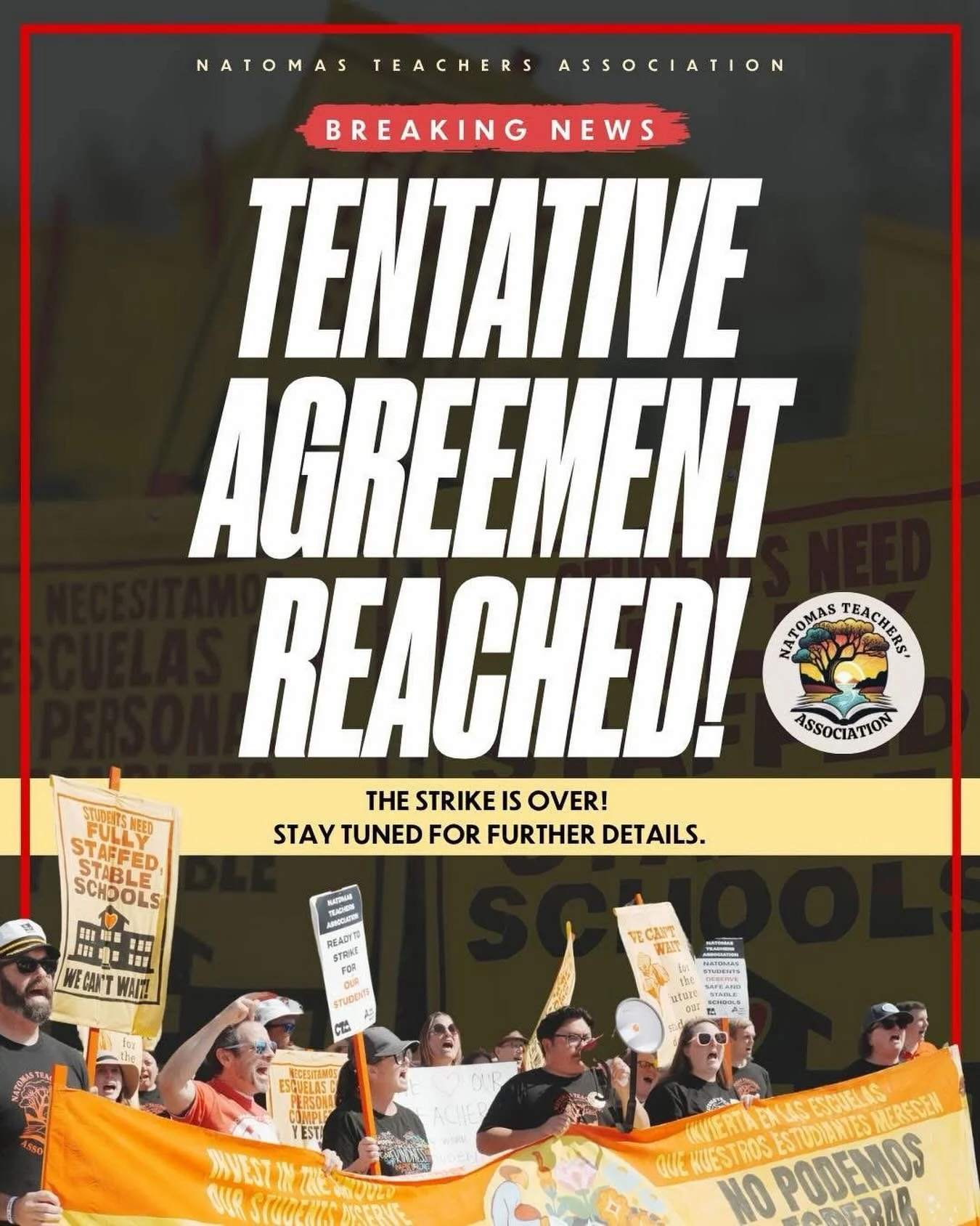 Great news this morning! @natomasusd and @ntanatomas have reached a tentative agreement. Next up we need Twin Rivers USD to work at it to find an agreement.