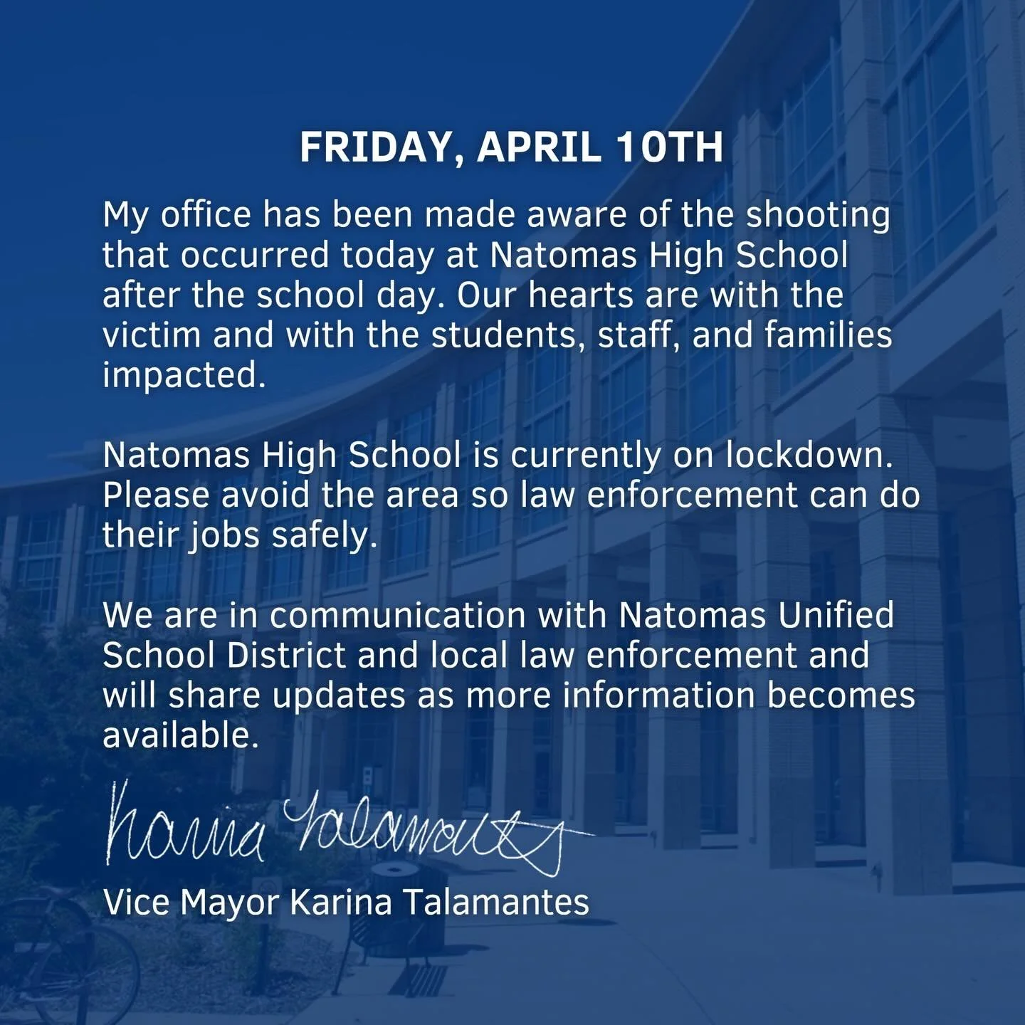 Shooting at Natomas High School today. Please avoid the area. More updates to follow.