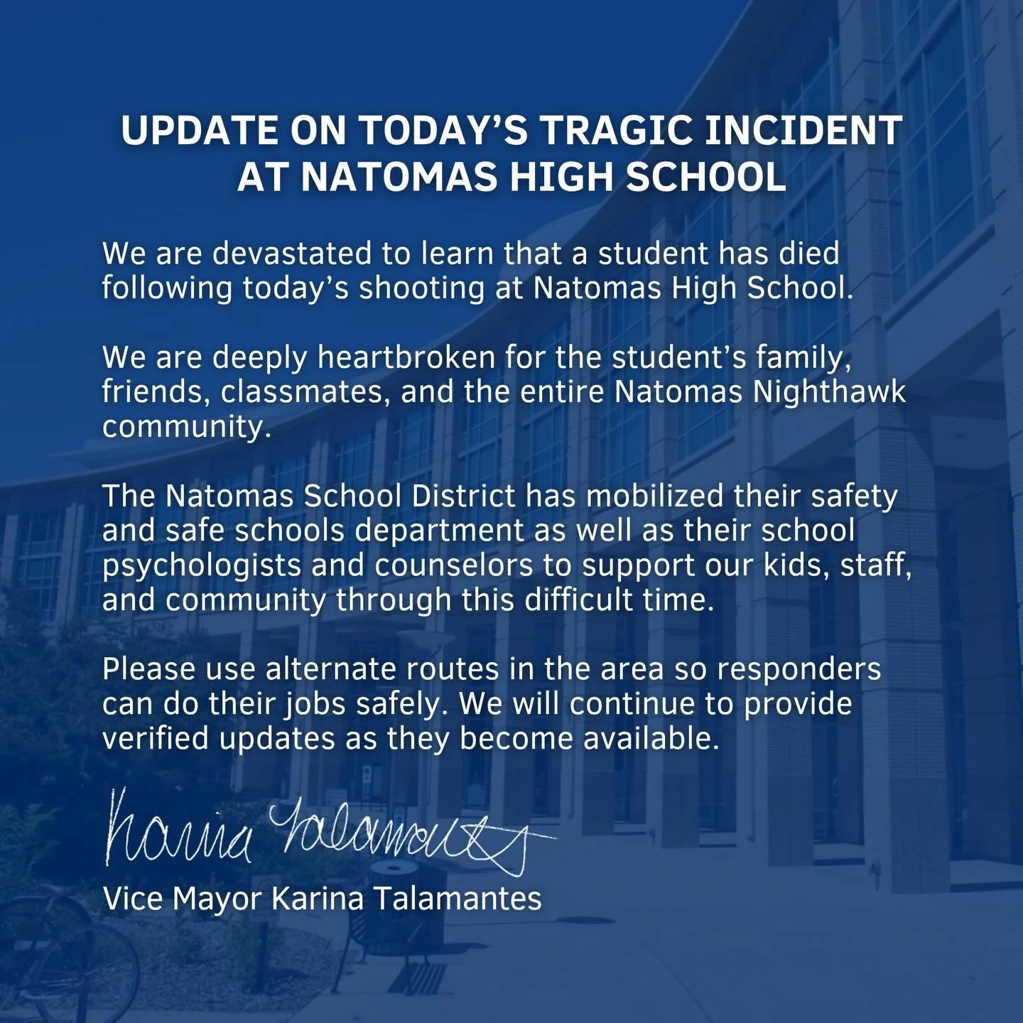 Update on today&rsquo;s tragic incident at Natomas High School.