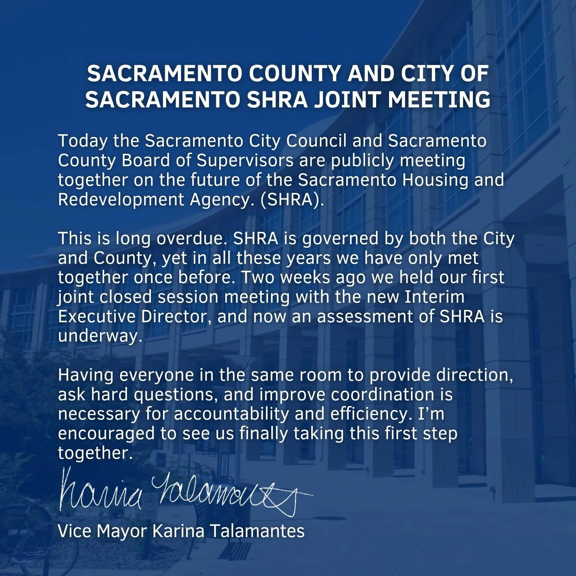 Today at this special meeting, the County Board of Supervisors and City of Sacramento Councilmembers will be sitting jointly as the JPA Governing Board to receive an overview of the SHRA Assessment process.