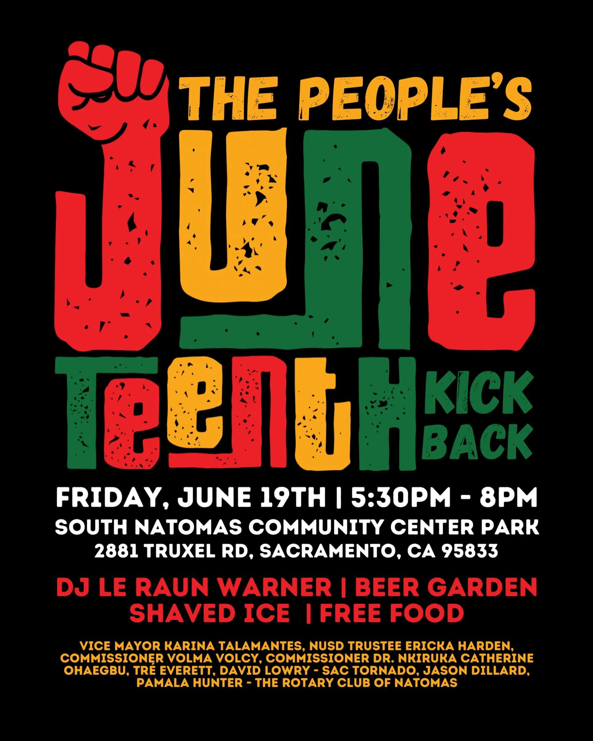 Natomas, come kick off Juneteenth weekend with us at The People&rsquo;s Juneteenth Kickback!

Join us on Friday, June 19 from 5:30PM to 8PM at South Natomas Community Center Park for an evening of music, food, community, and celebration.

We&rsquo;ll