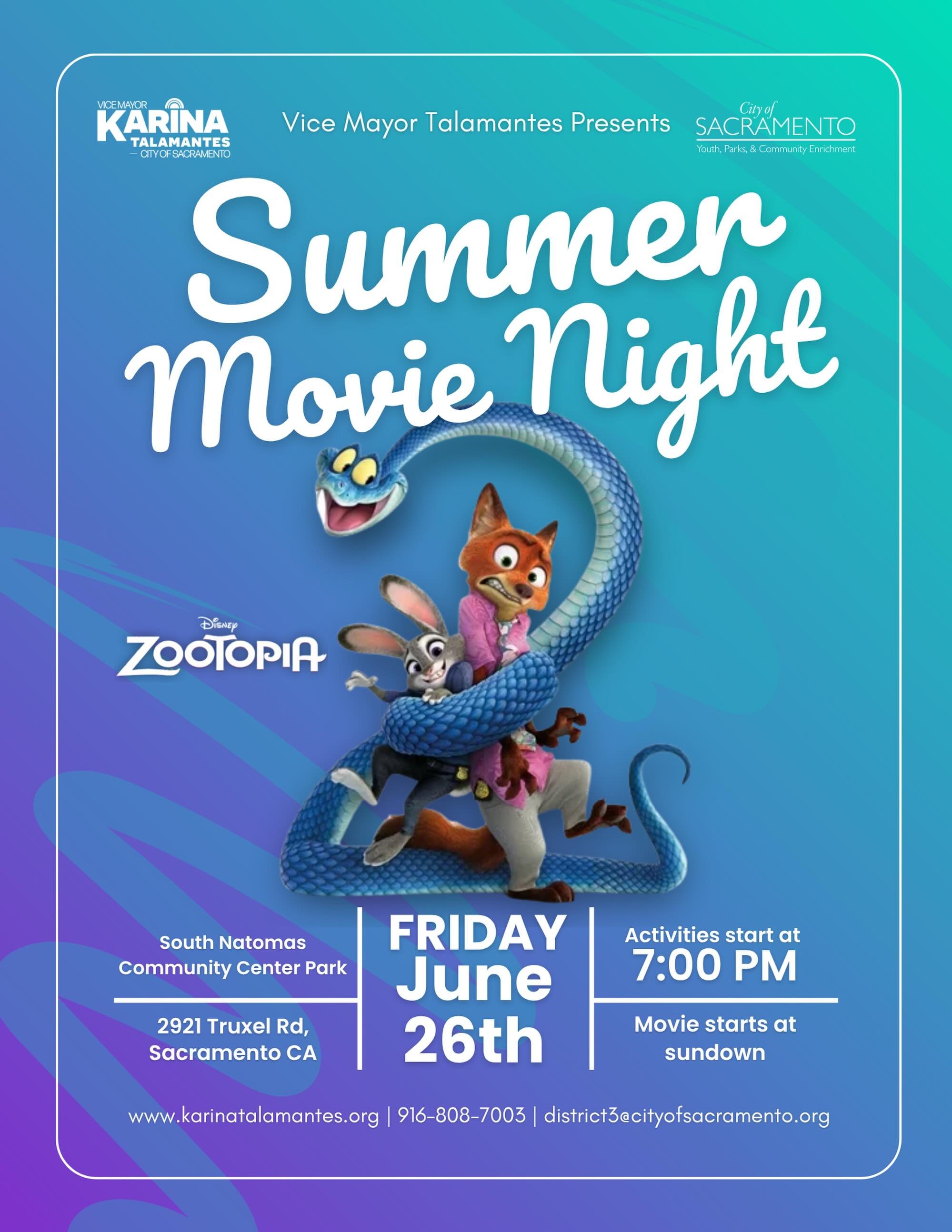 Summer movie nights are back in Natomas, mark your calendars! 🎥✨🍿

Join us on Friday, June 26th at South Natomas Community Center Park for a free outdoor movie night. Enjoy family-friendly activities, free popcorn, and a screening of Zootopia 2 und