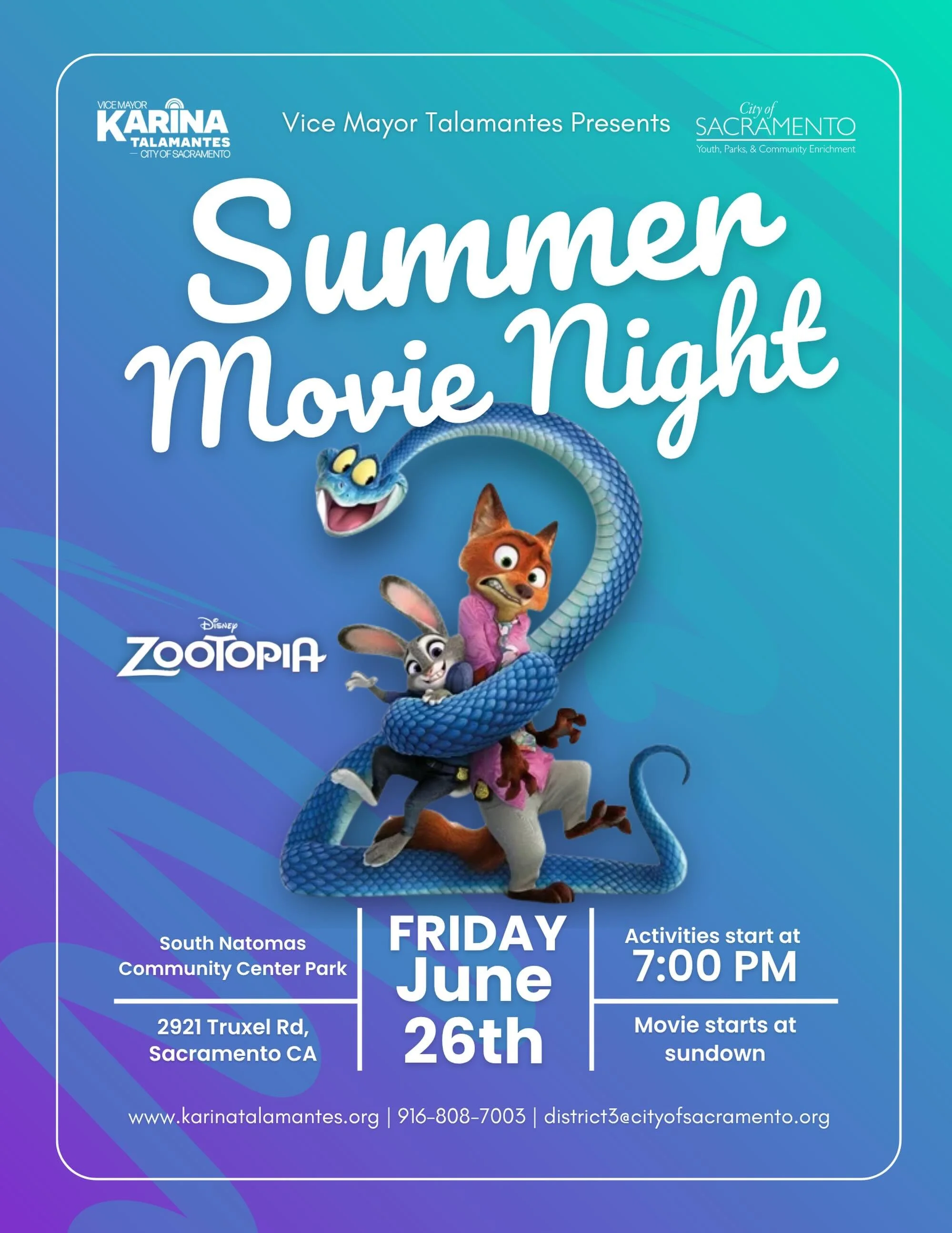 Summer movie nights are back in Natomas, mark your calendars! 🎥✨🍿

Join us on Friday, June 26th at South Natomas Community Center Park for a free outdoor movie night. Enjoy family-friendly activities, free popcorn, and a screening of Zootopia 2 und