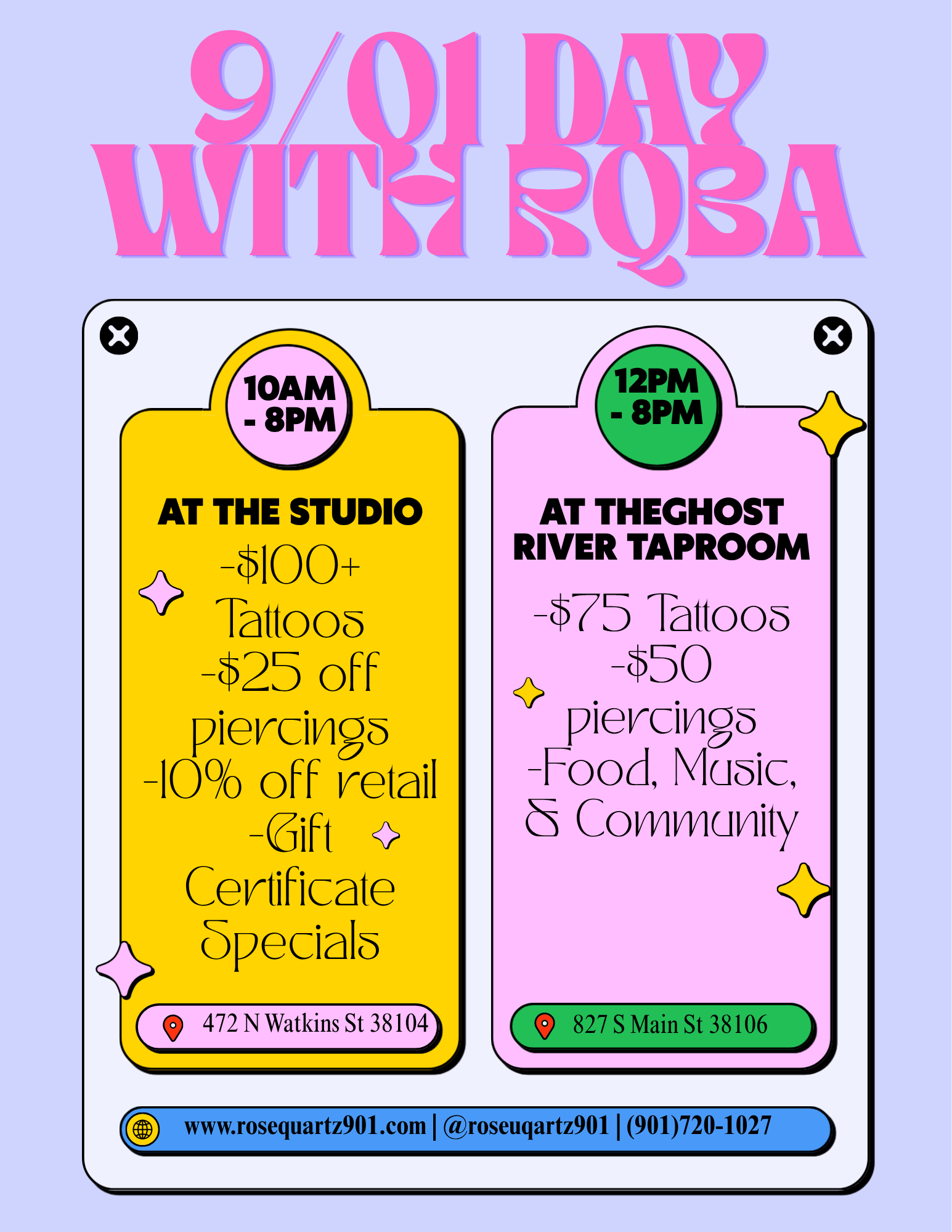 9/01 day flyer. Specials at the studio & specials at Ghost River