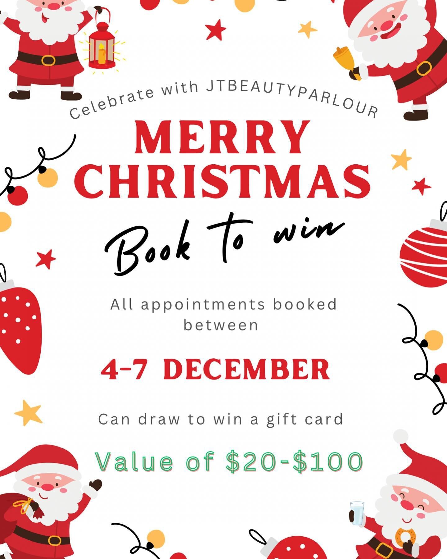 🎄𝐁𝐎𝐎𝐊 𝐓𝐎 𝐖𝐈𝐍 🎄| DEC 4-7
All appointments book between the following date can draw a gift card valued from $20-$100 . 

Book now and earn back for the holiday❤️

Celebrate with the JT team. 

Call 604-423-3822 to book or visit our online bo