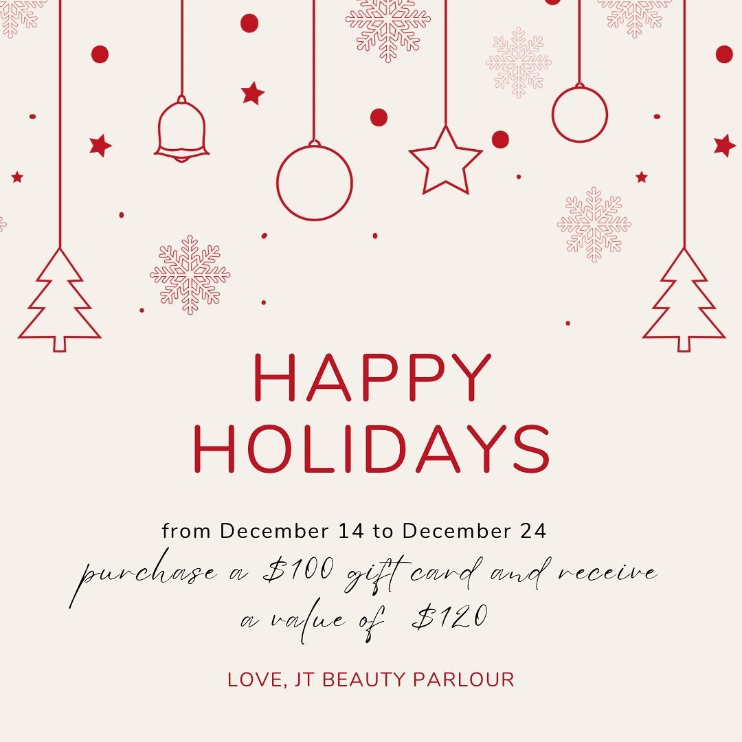Happy holidays! From December 14 to December 24, purchase a $100 gift card and receive a value of $120 🌟 treat your loved ones (or yourself) to some self-care ❤️