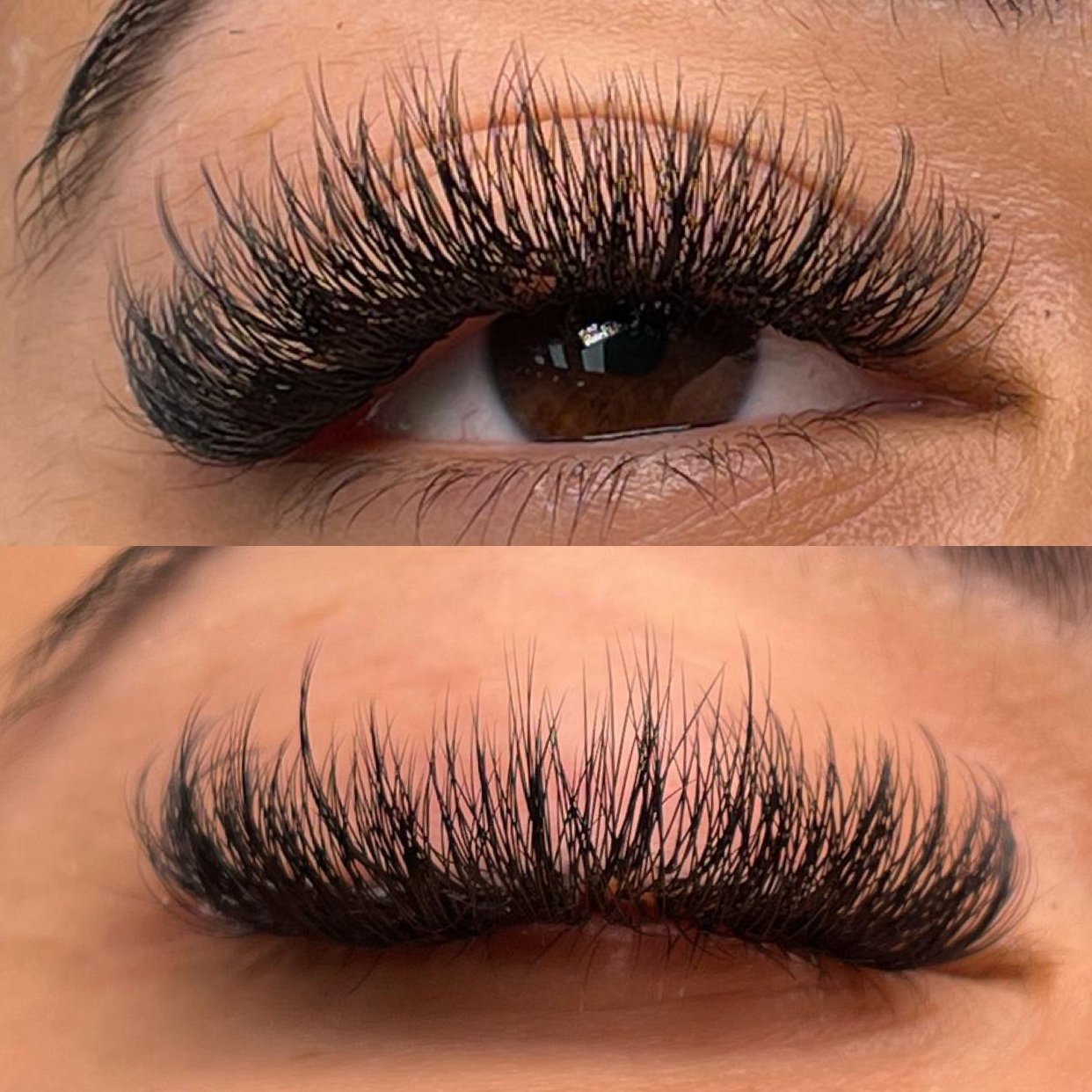 Close-up of a person's eye with long, thick, curled false eyelashes in black color.