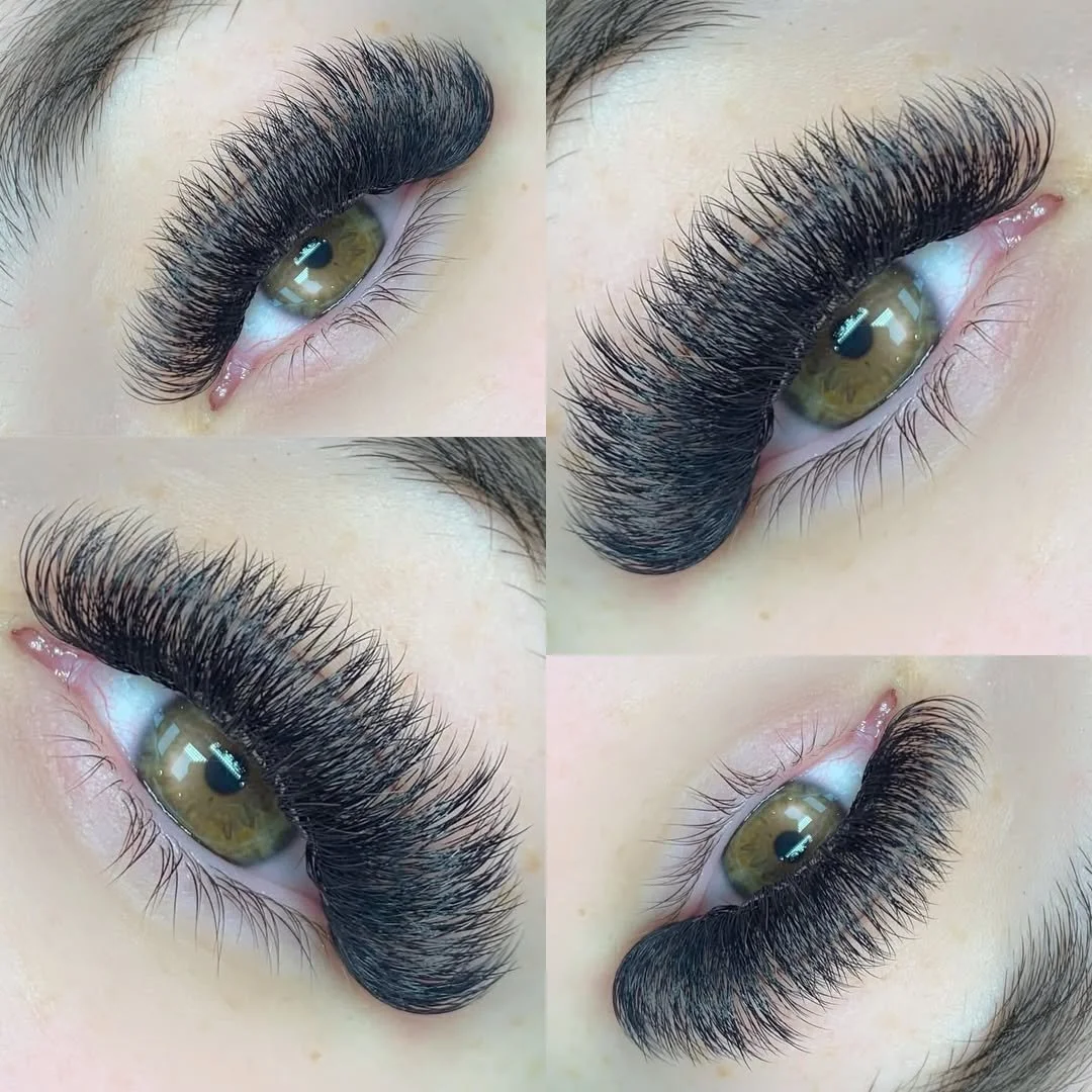 Close-up photos of a person with green eyes and long, thick, black eyelash extensions from different angles.