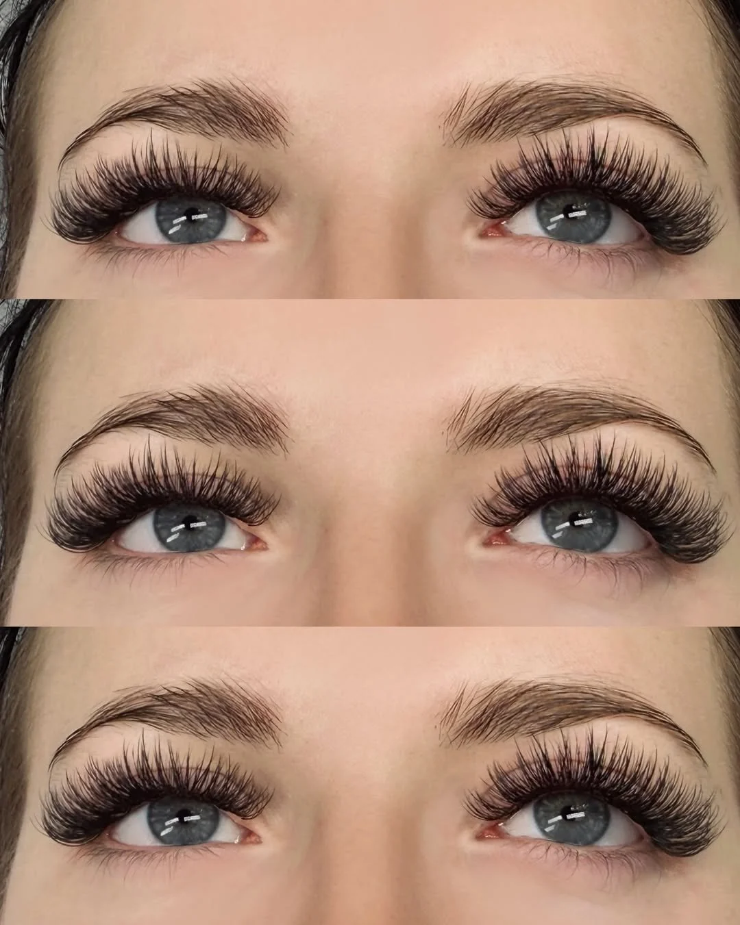 Close-up of a woman's eyes showing before and after images of eyelash extensions or false eyelashes application.