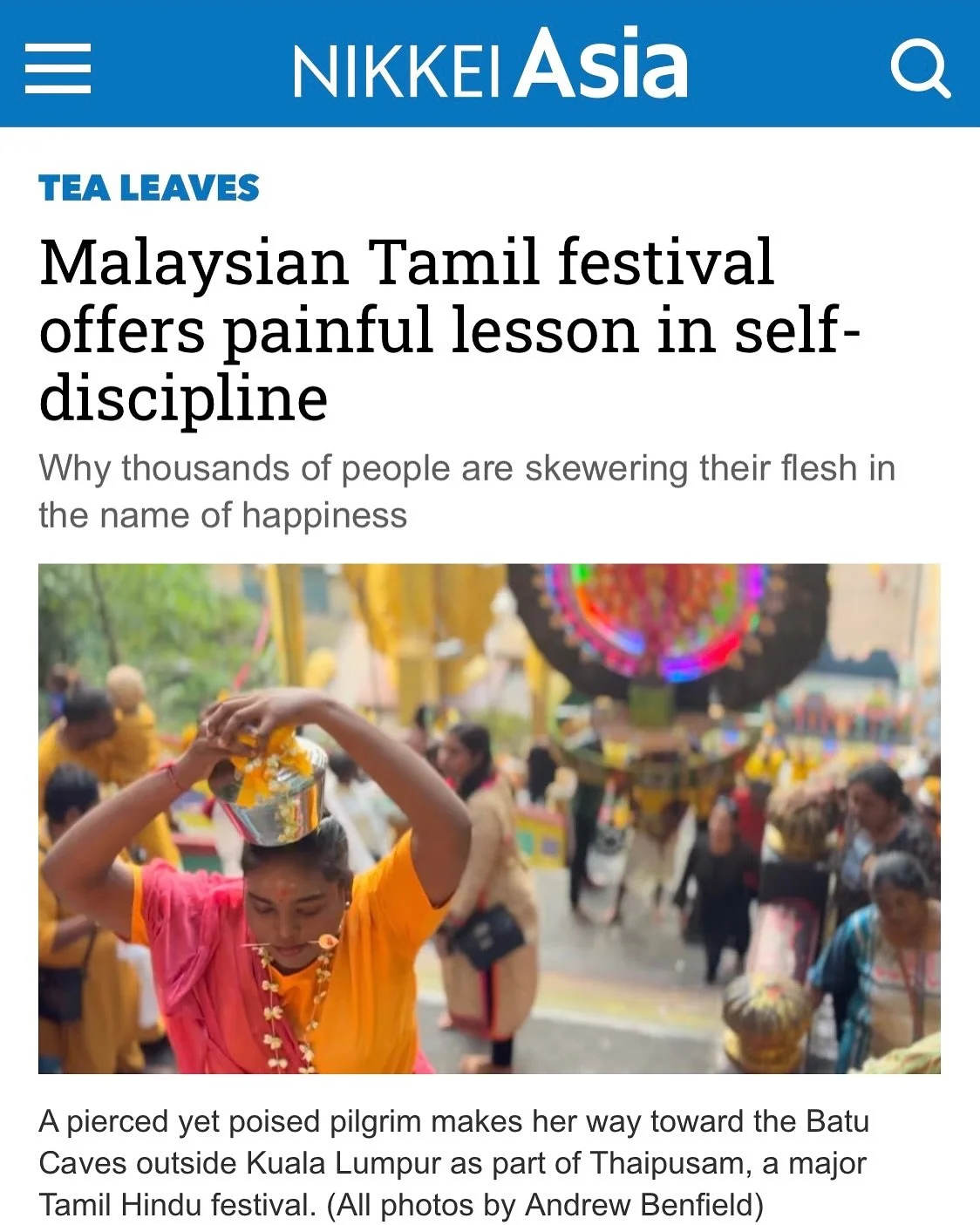 My latest piece for Nikkei Asia, &ldquo;Getting to the Point&rdquo;, has just been published in this week&rsquo;s edition 🥂

I join thousands of Malaysian Tamils on their annual pilgrimage to find out why they&rsquo;re skewering their own flesh in t