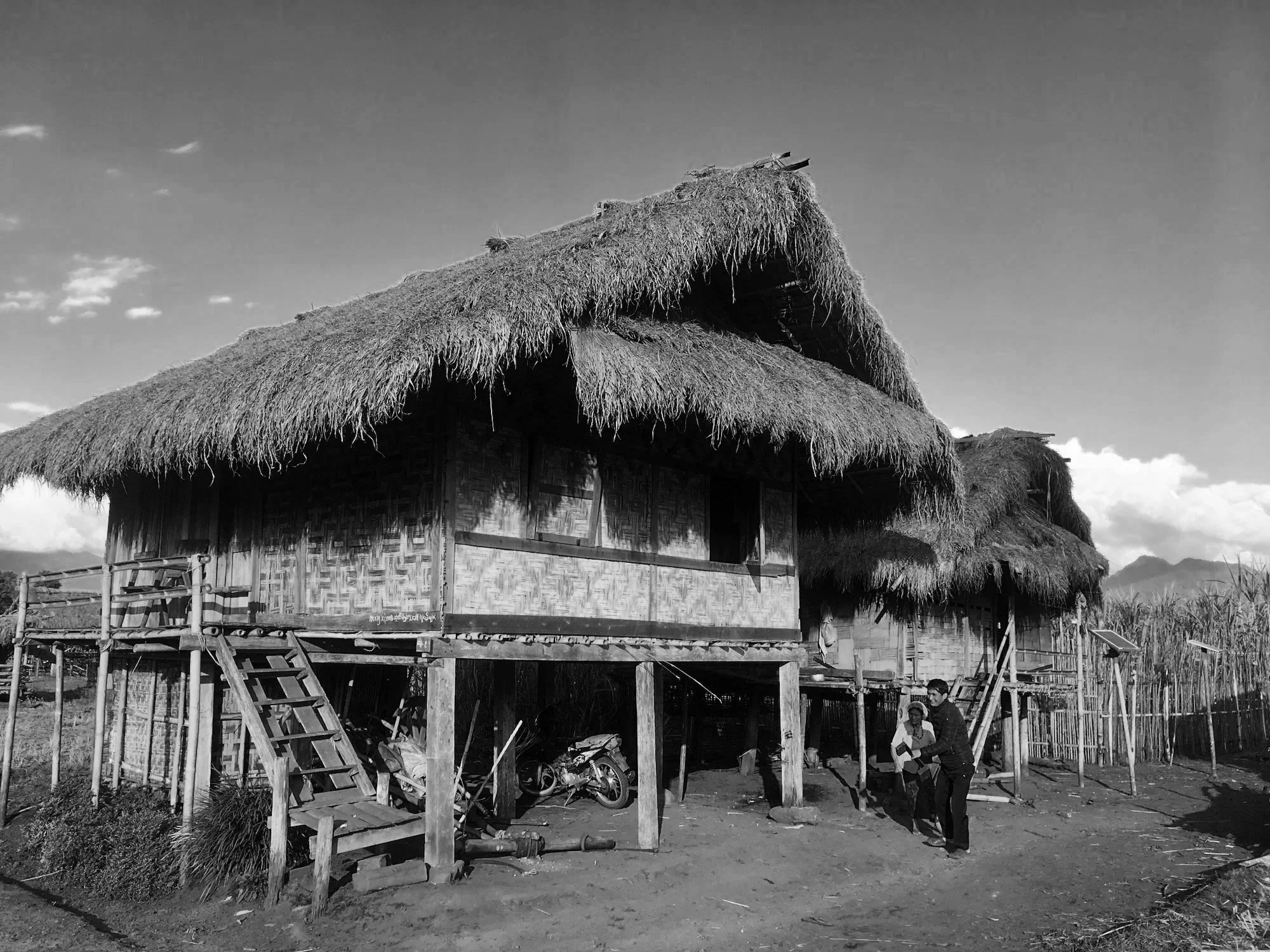 Thatched roof village house on stilts.