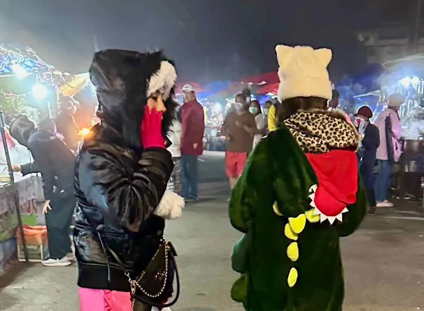 Women in animal onesies.
