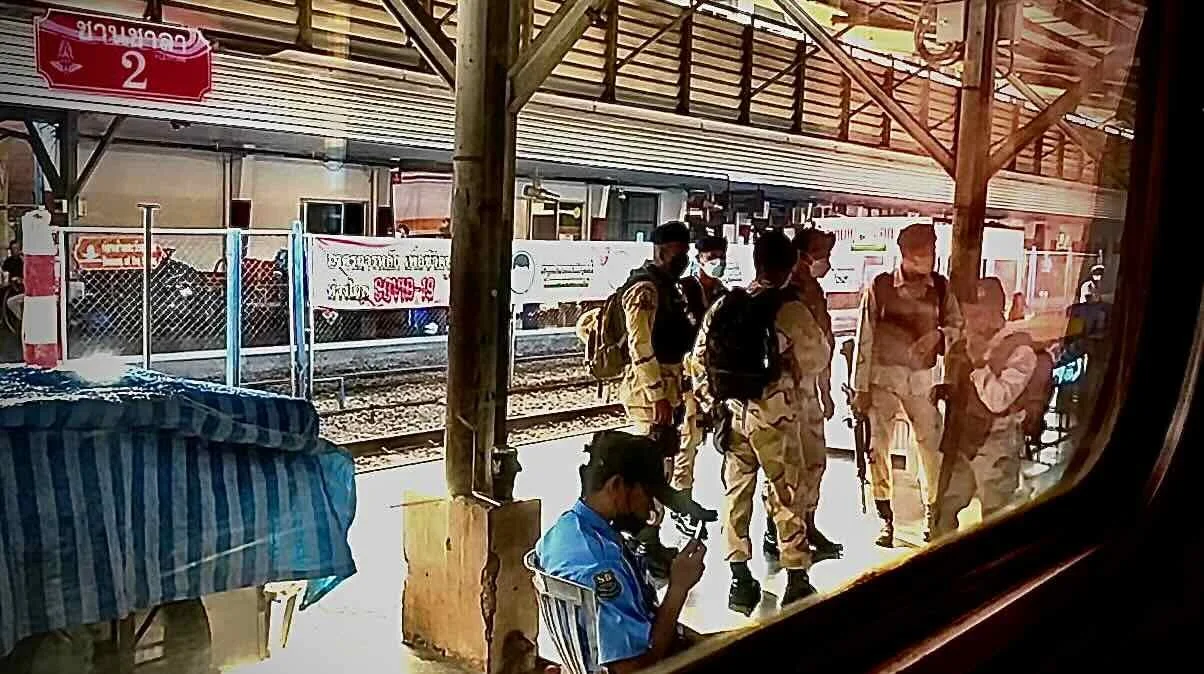 Soldiers on the platform of Hat Yai station.